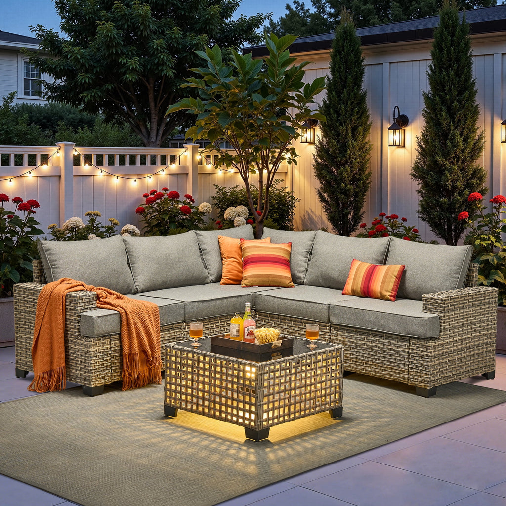 Ovios 6-Piece Outdoor Patio Furniture Set with Solar-Powered Lighted Coffee Table, All-Weather Wicker L-Shaped Sectional Sofa, Black