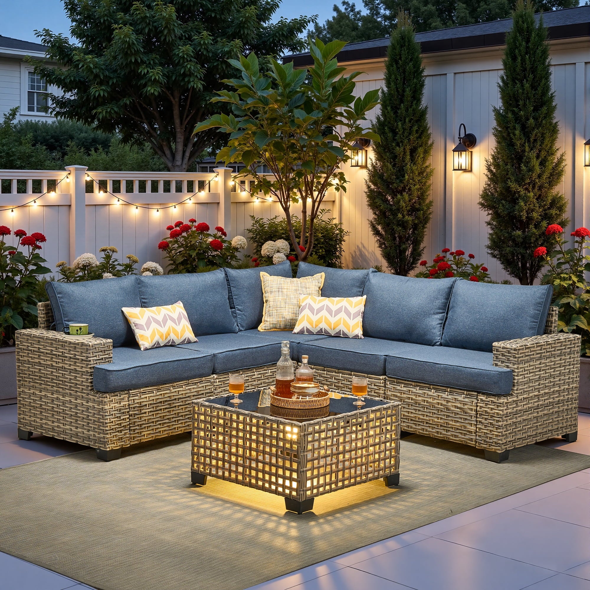 Ovios 6-Piece Outdoor Patio Furniture Set with Solar-Powered Lighted Coffee Table, All-Weather Wicker L-Shaped Sectional Sofa, Black
