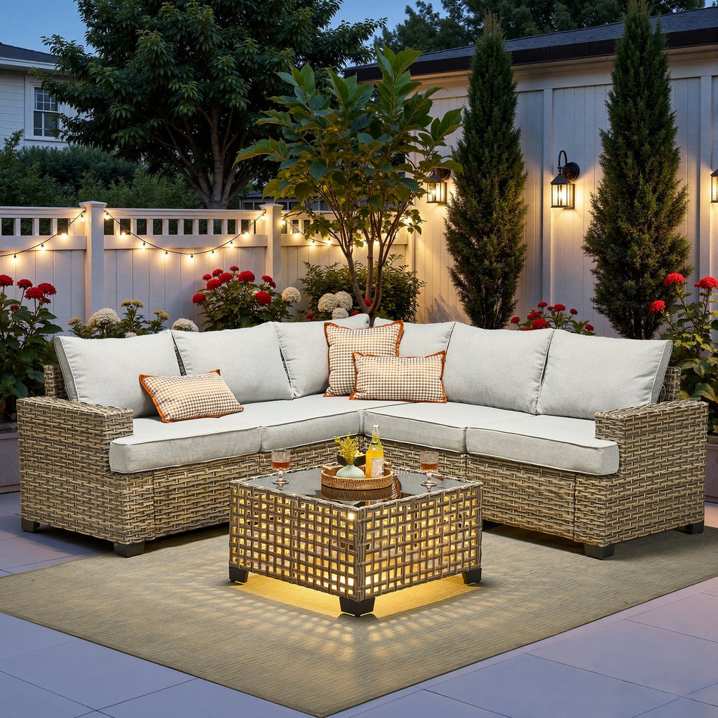 Ovios 6-Piece Outdoor Patio Furniture Set with Solar-Powered Lighted Coffee Table, All-Weather Wicker L-Shaped Sectional Sofa, Black
