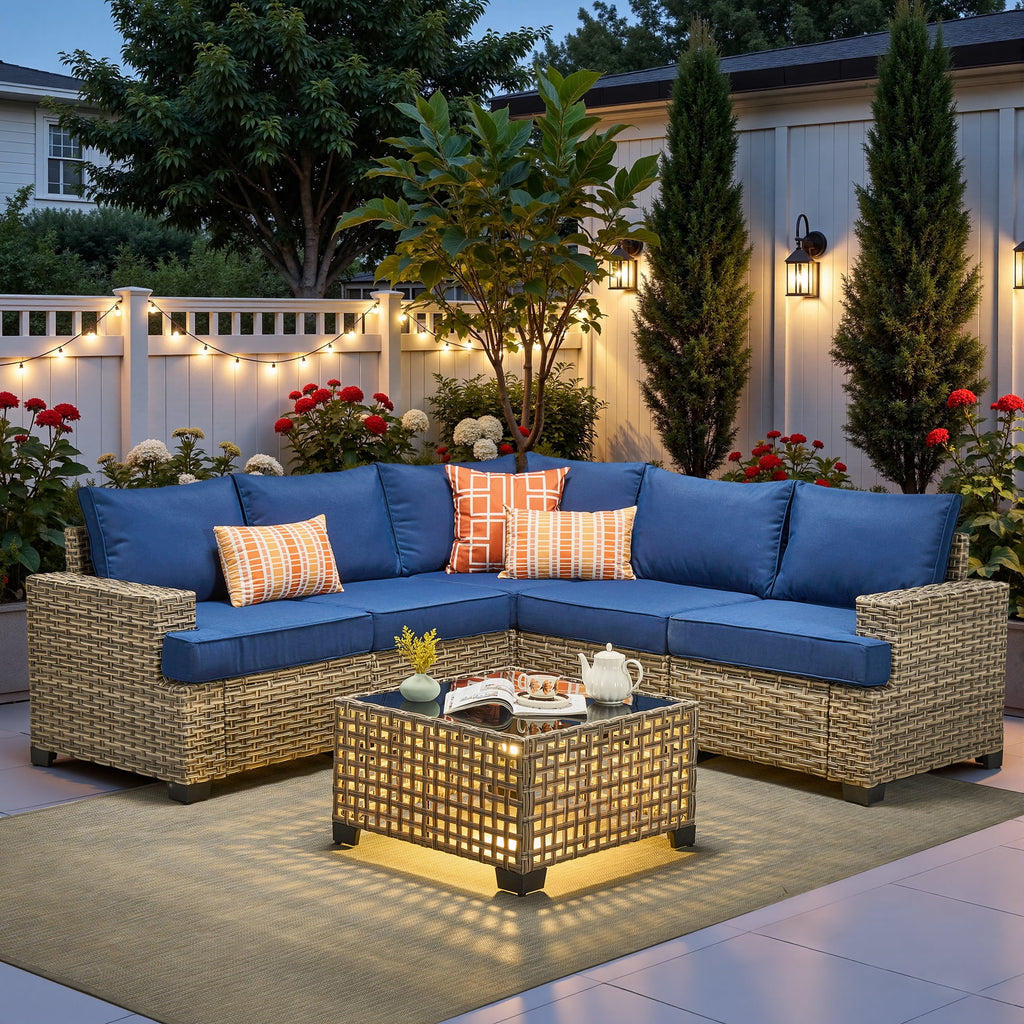 Ovios 6-Piece Outdoor Patio Furniture Set with Solar-Powered Lighted Coffee Table, All-Weather Wicker L-Shaped Sectional Sofa, Black