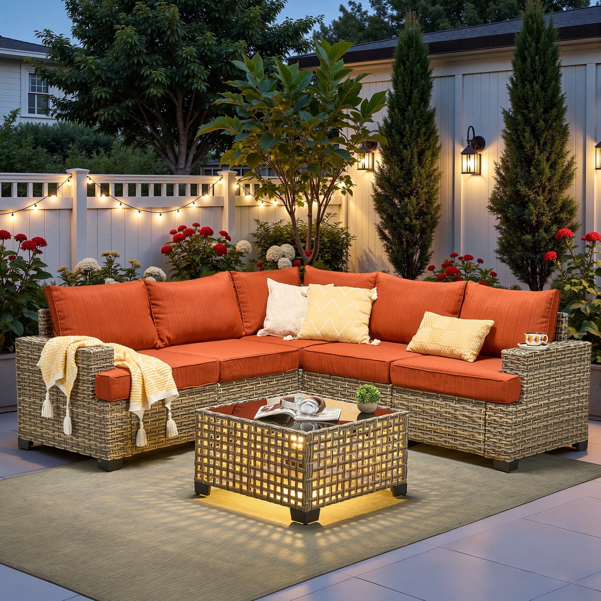Ovios 6-Piece Outdoor Patio Furniture Set with Solar-Powered Lighted Coffee Table, All-Weather Wicker L-Shaped Sectional Sofa, Black