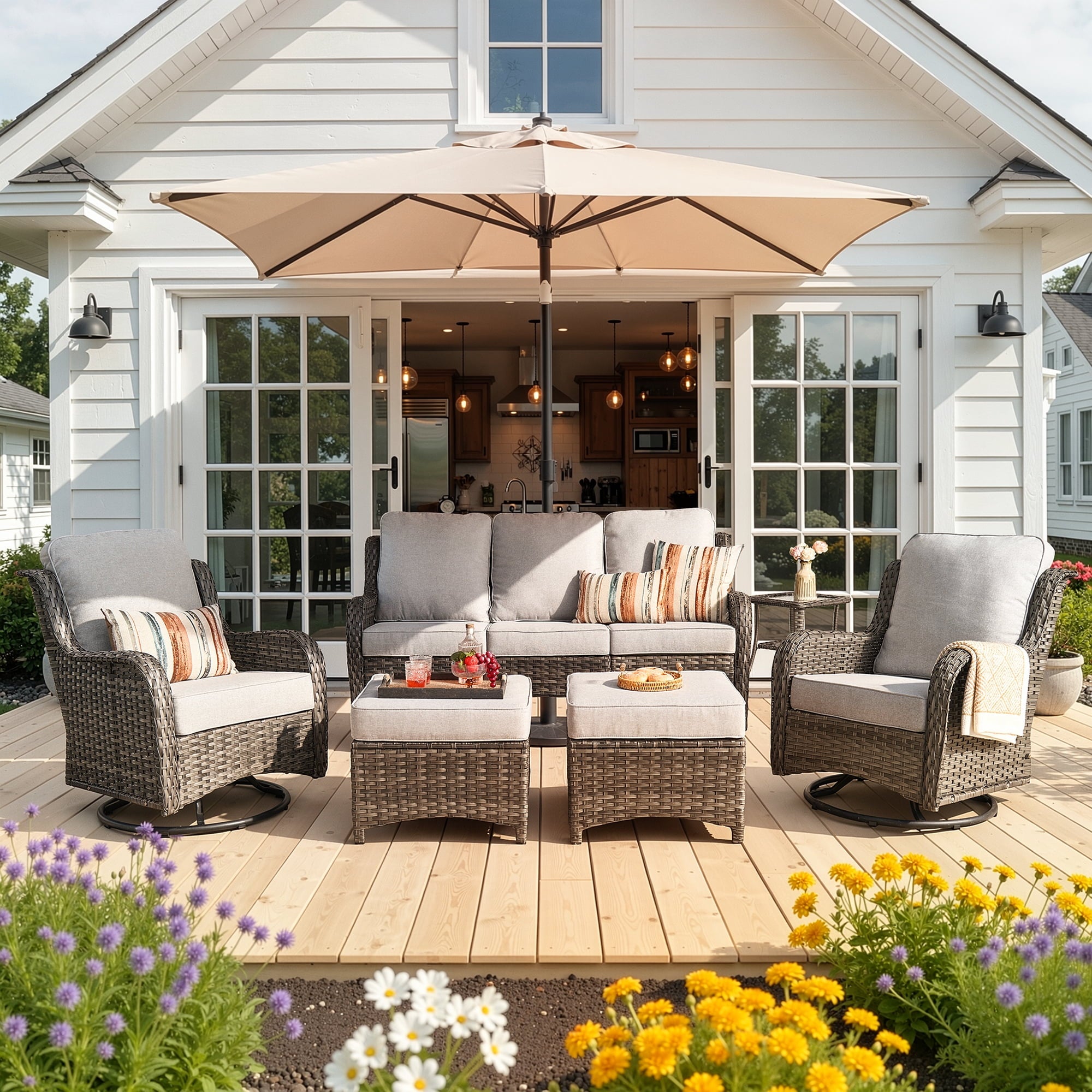 Ovios 6-Piece Patio Furniture Set All-Weather Wicker Outdoor Conversation Set with Sofa Swivel Chairs and Ottomans