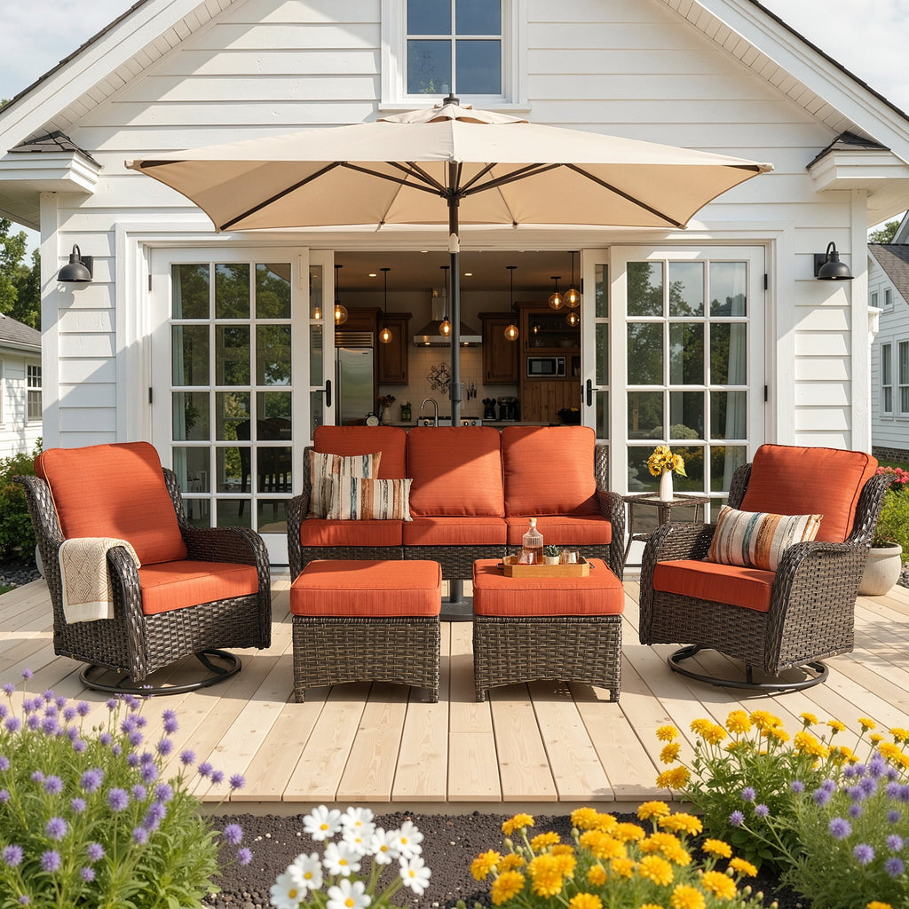 Ovios 6-Piece Patio Furniture Set All-Weather Wicker Outdoor Conversation Set with Sofa Swivel Chairs and Ottomans
