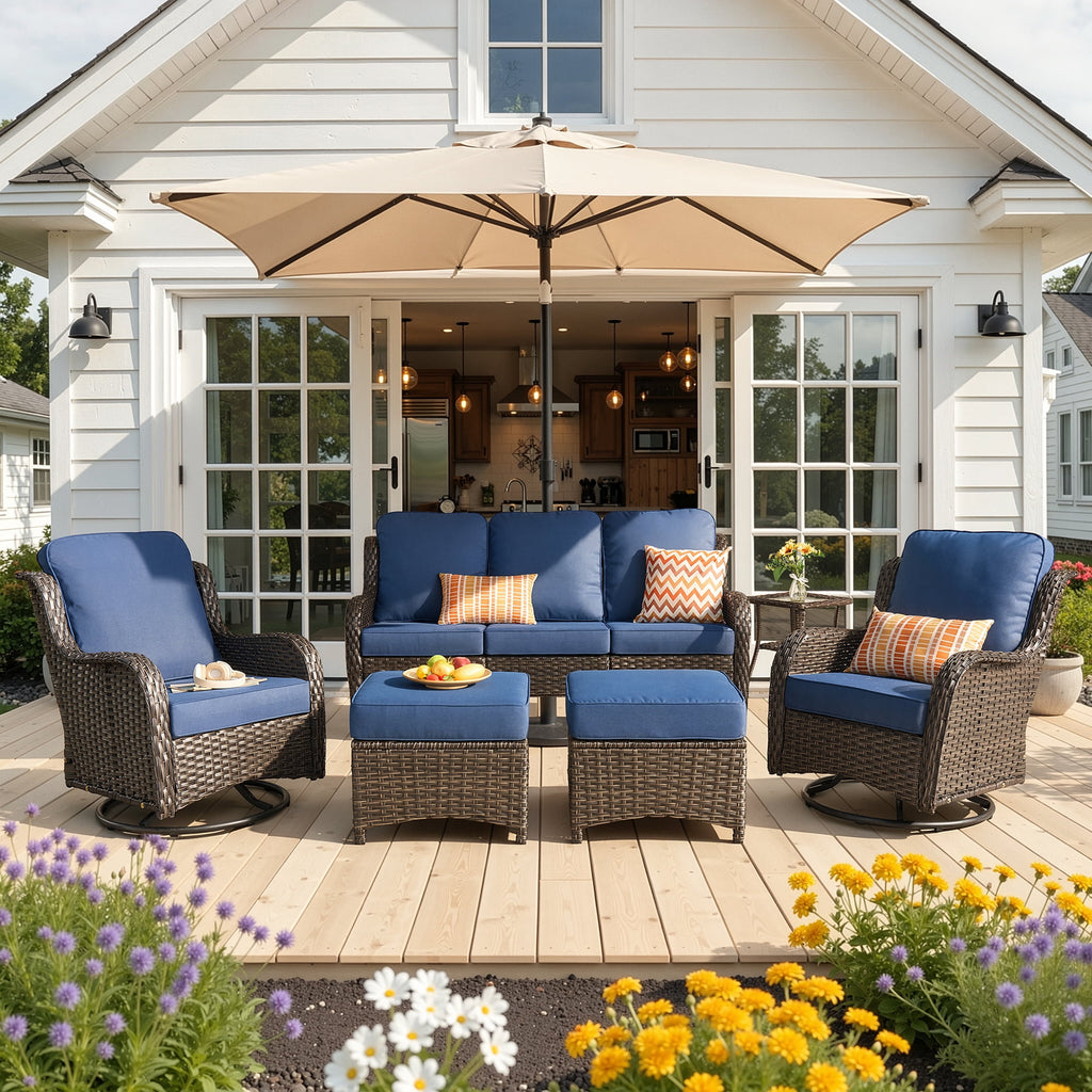 Ovios 6-Piece Patio Furniture Set All-Weather Wicker Outdoor Conversation Set with Sofa Swivel Chairs and Ottomans