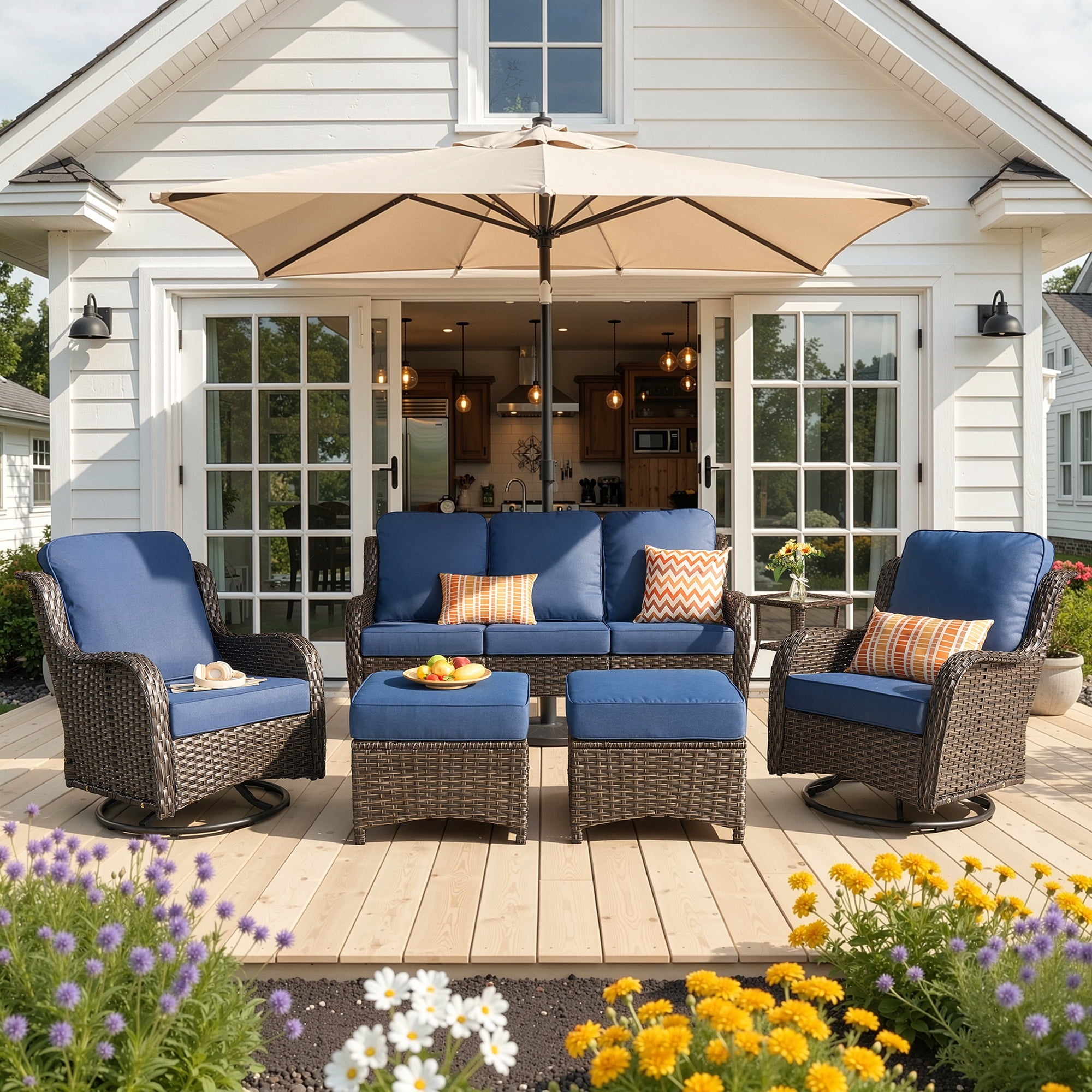 Ovios 6-Piece Patio Furniture Set All-Weather Wicker Outdoor Conversation Set with Sofa Swivel Chairs and Ottomans