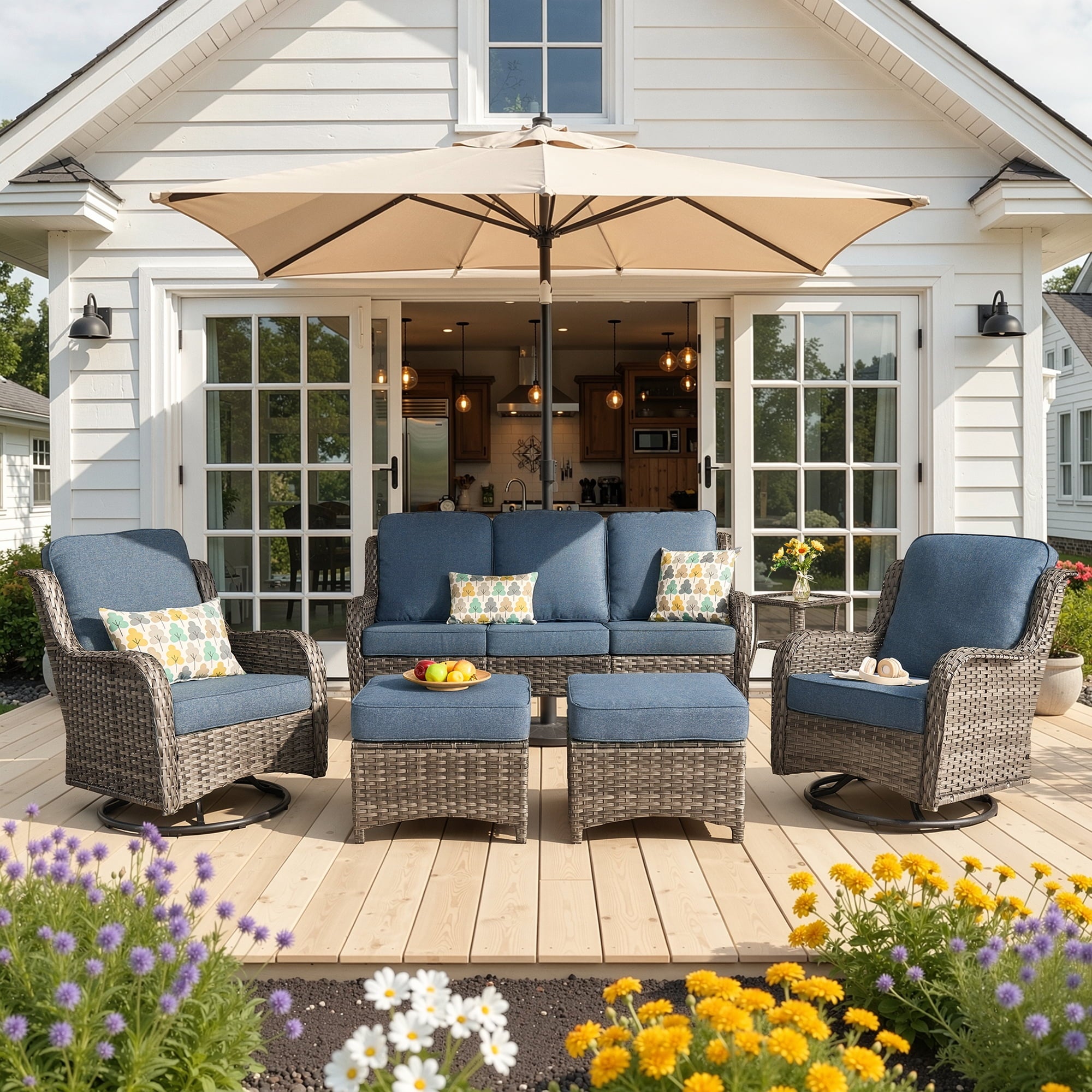 Ovios 6-Piece Patio Furniture Set All-Weather Wicker Outdoor Conversation Set with Sofa Swivel Chairs and Ottomans