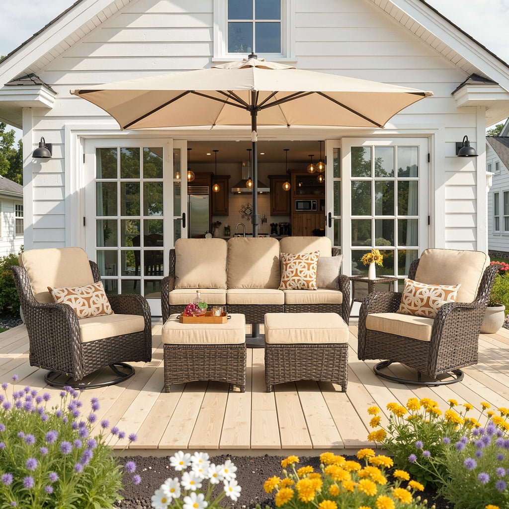 Ovios 6-Piece Patio Furniture Set All-Weather Wicker Outdoor Conversation Set with Sofa Swivel Chairs and Ottomans
