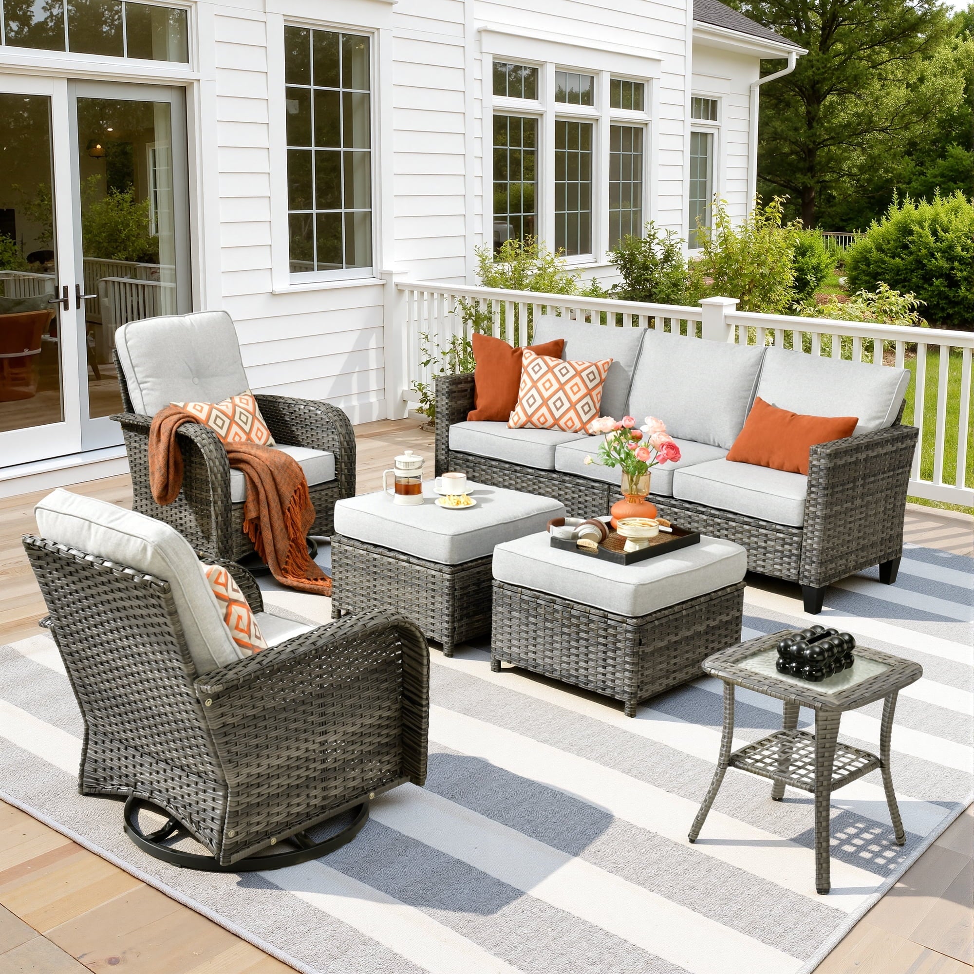 Ovios 6 Pieces Outdoor Patio Furniture Set All-Weather Wicker Rattan Sectional Sofa with Swivel Chairs Ottomans Side Table