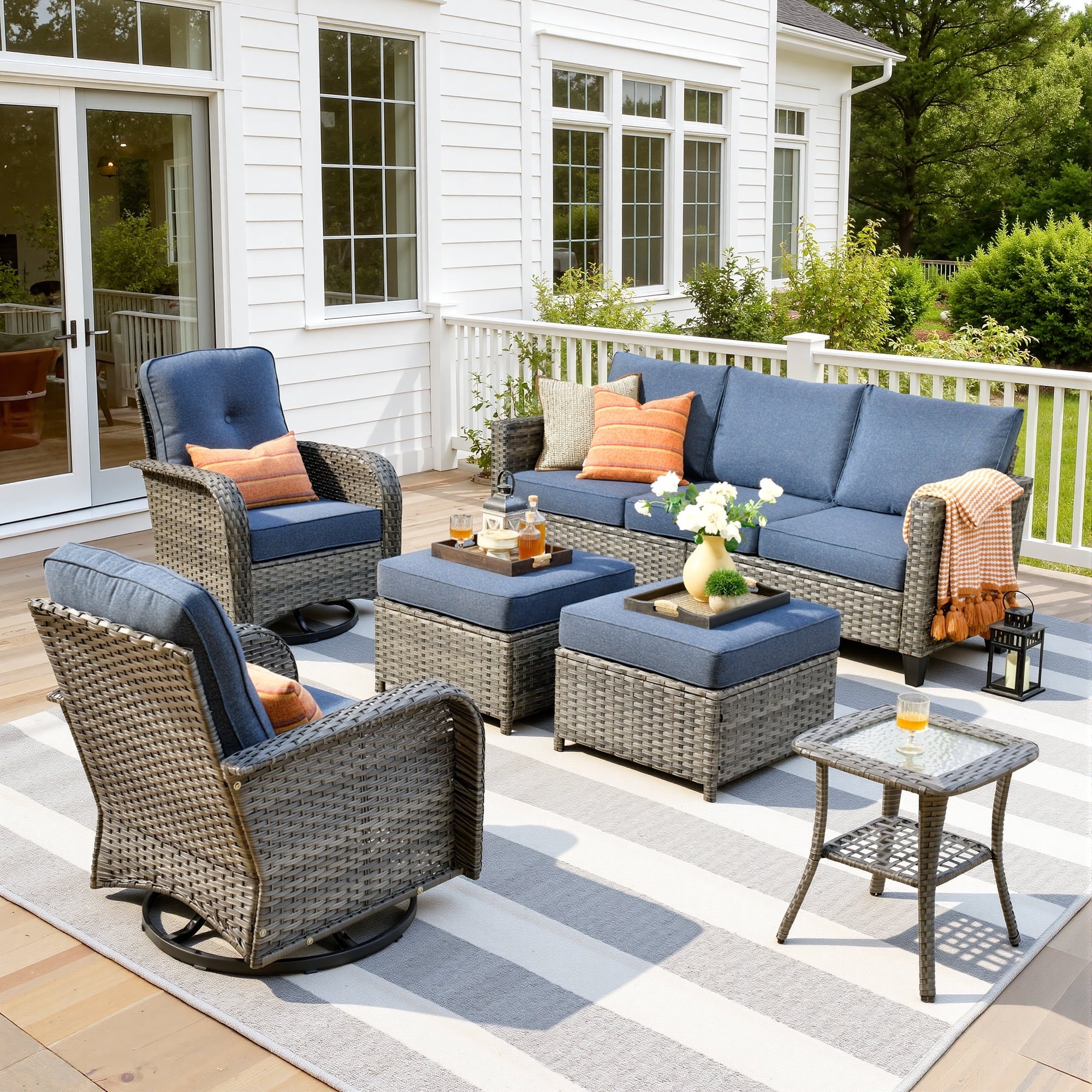 Ovios 6 Pieces Outdoor Patio Furniture Set All-Weather Wicker Rattan Sectional Sofa with Swivel Chairs Ottomans Side Table