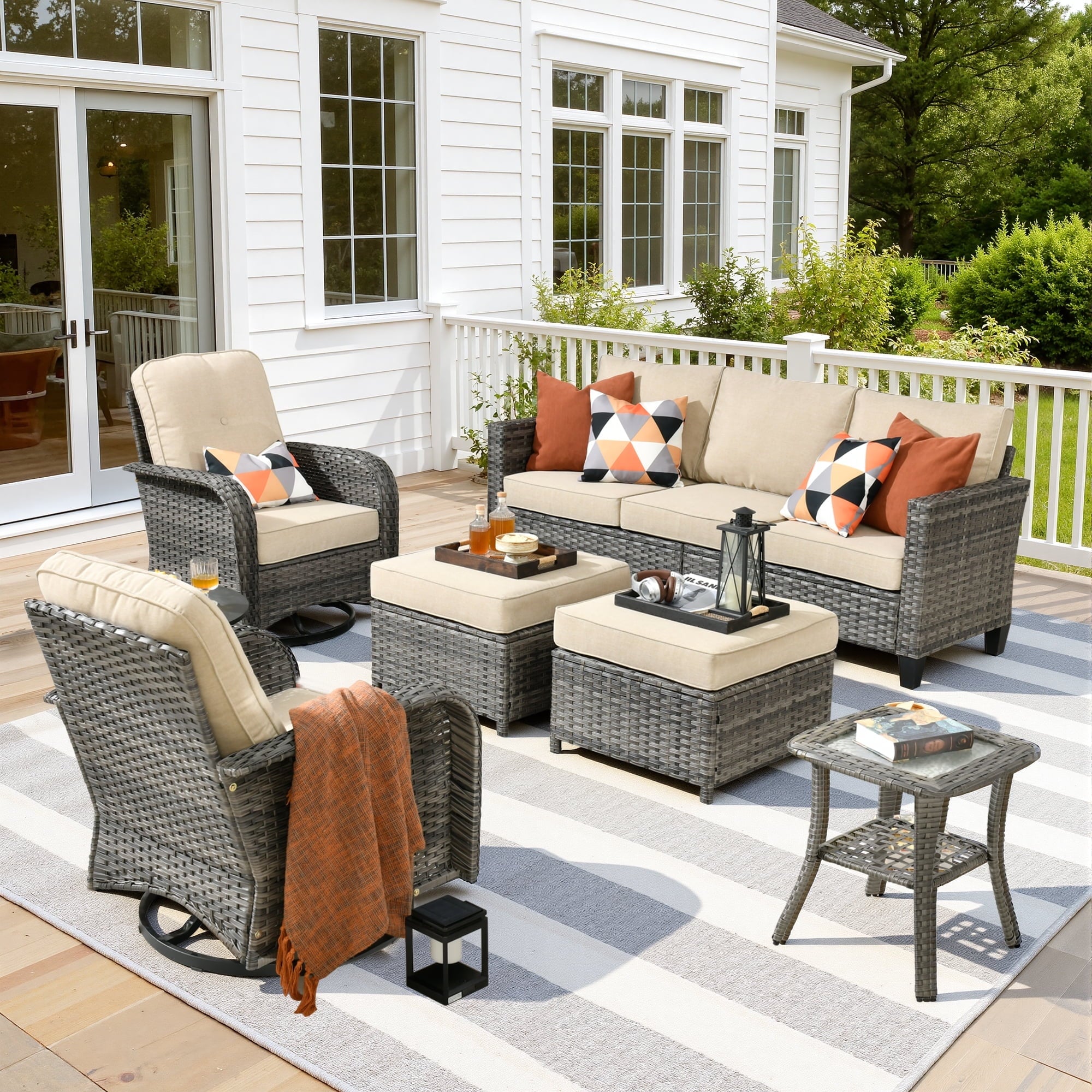 Ovios 6 Pieces Outdoor Patio Furniture Set All-Weather Wicker Rattan Sectional Sofa with Swivel Chairs Ottomans Side Table