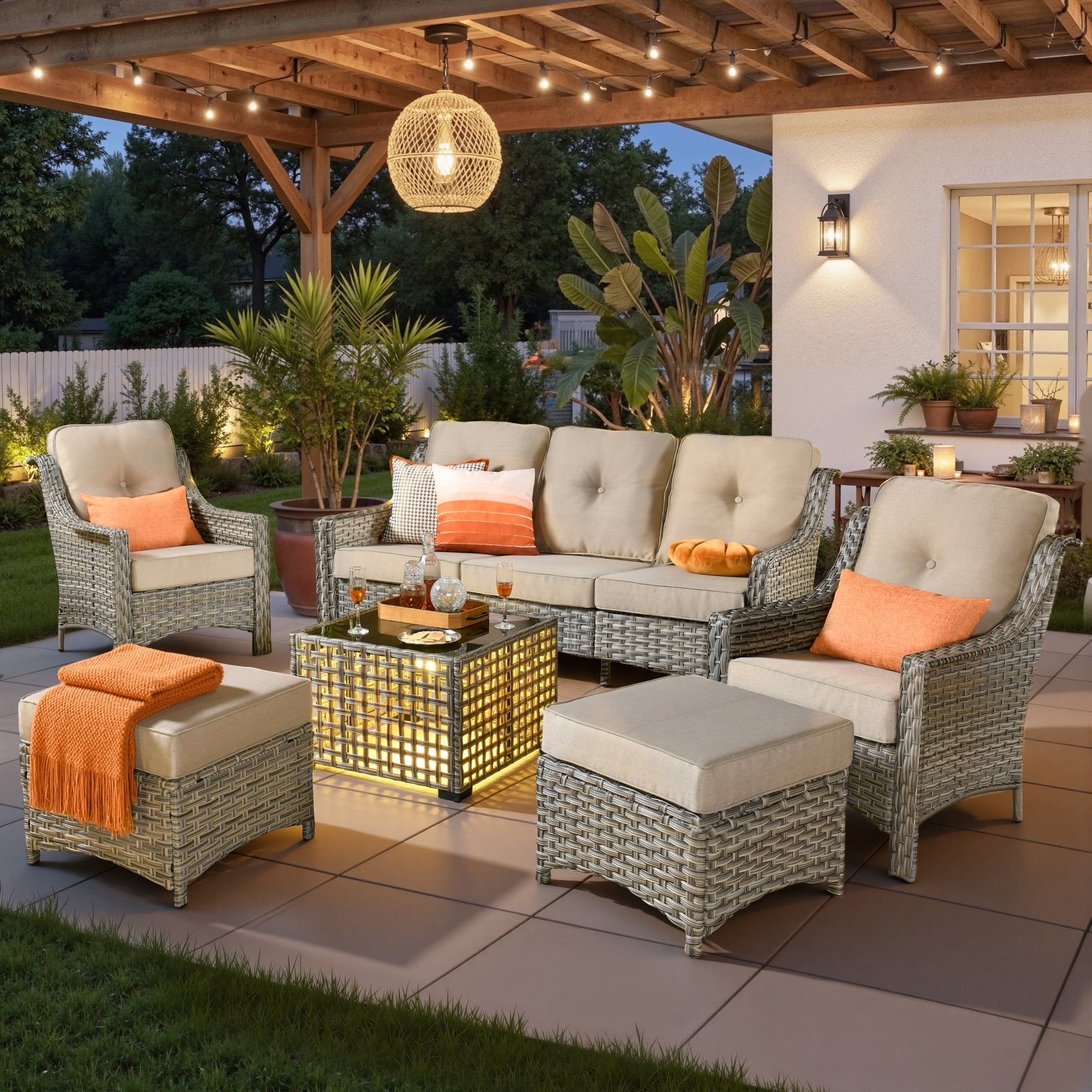 Ovios 6 Pieces Outdoor Furniture Set High Back All-Weather Wicker Patio Conversation Set with Ottomans & Solar Light Coffee Table, Beige