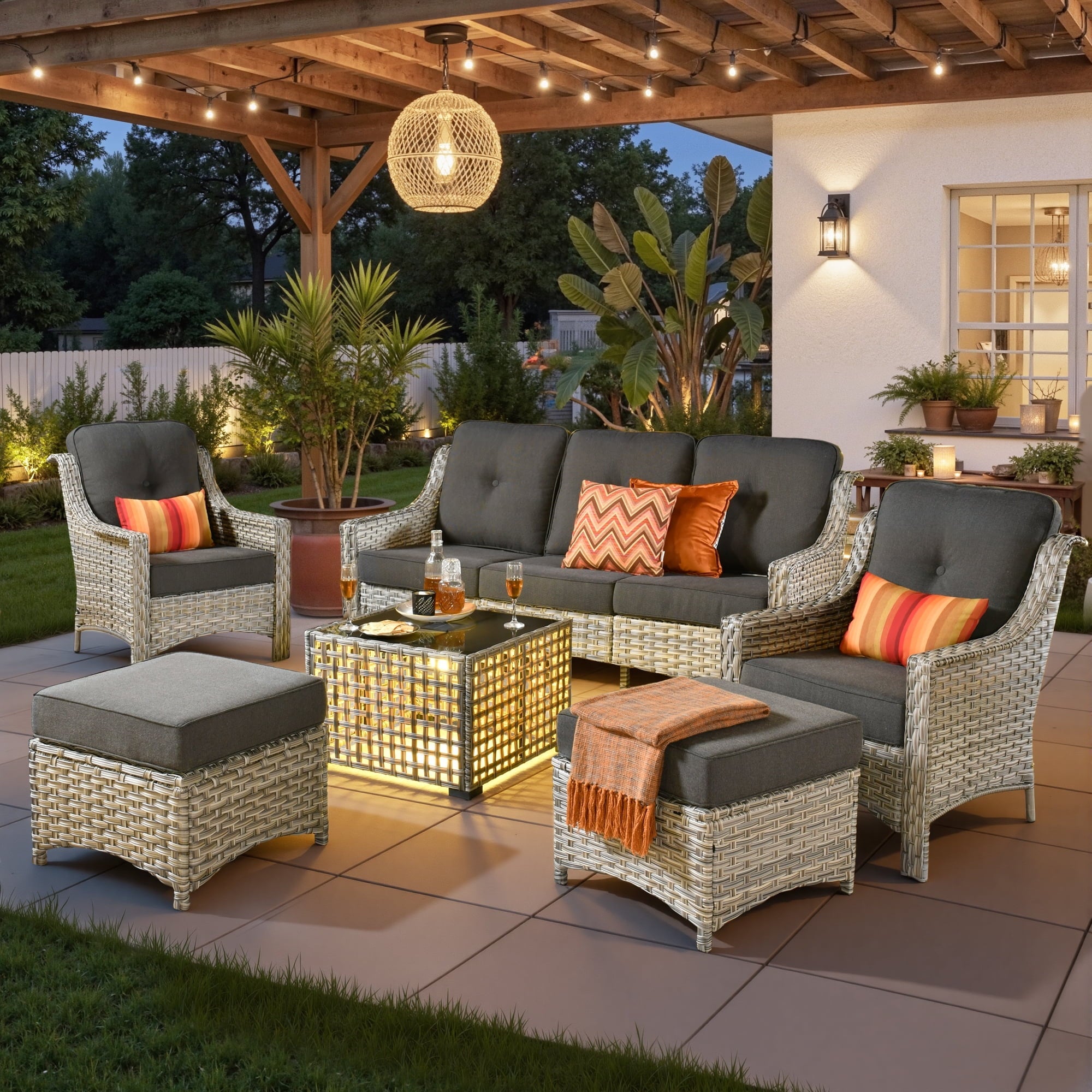 Ovios 6 Pieces Outdoor Furniture Set High Back All-Weather Wicker Patio Conversation Set with Ottomans & Solar Light Coffee Table, Black