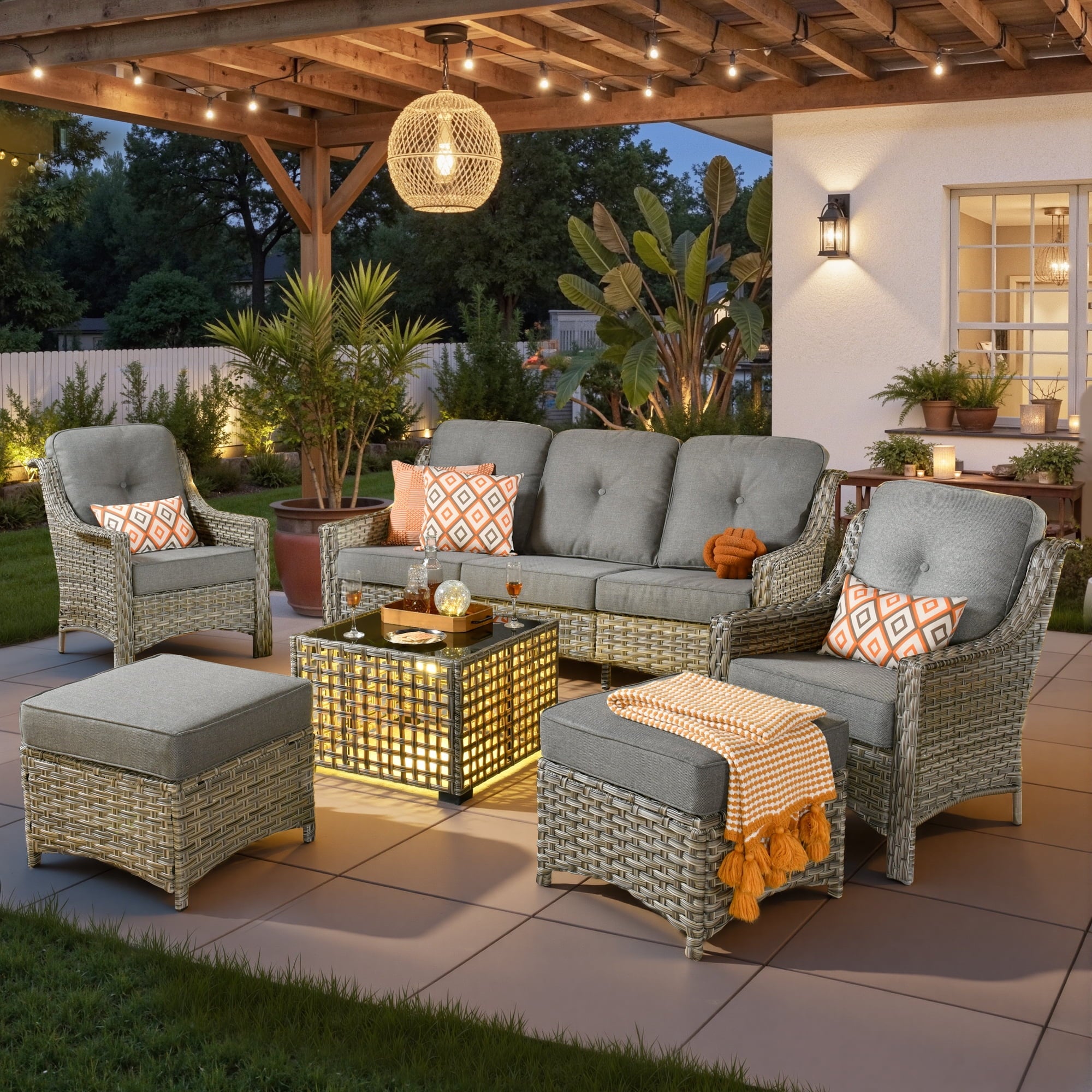 Ovios 6 Pieces Outdoor Furniture Set High Back All-Weather Wicker Patio Conversation Set with Ottomans & Solar Light Coffee Table, Dark Gray