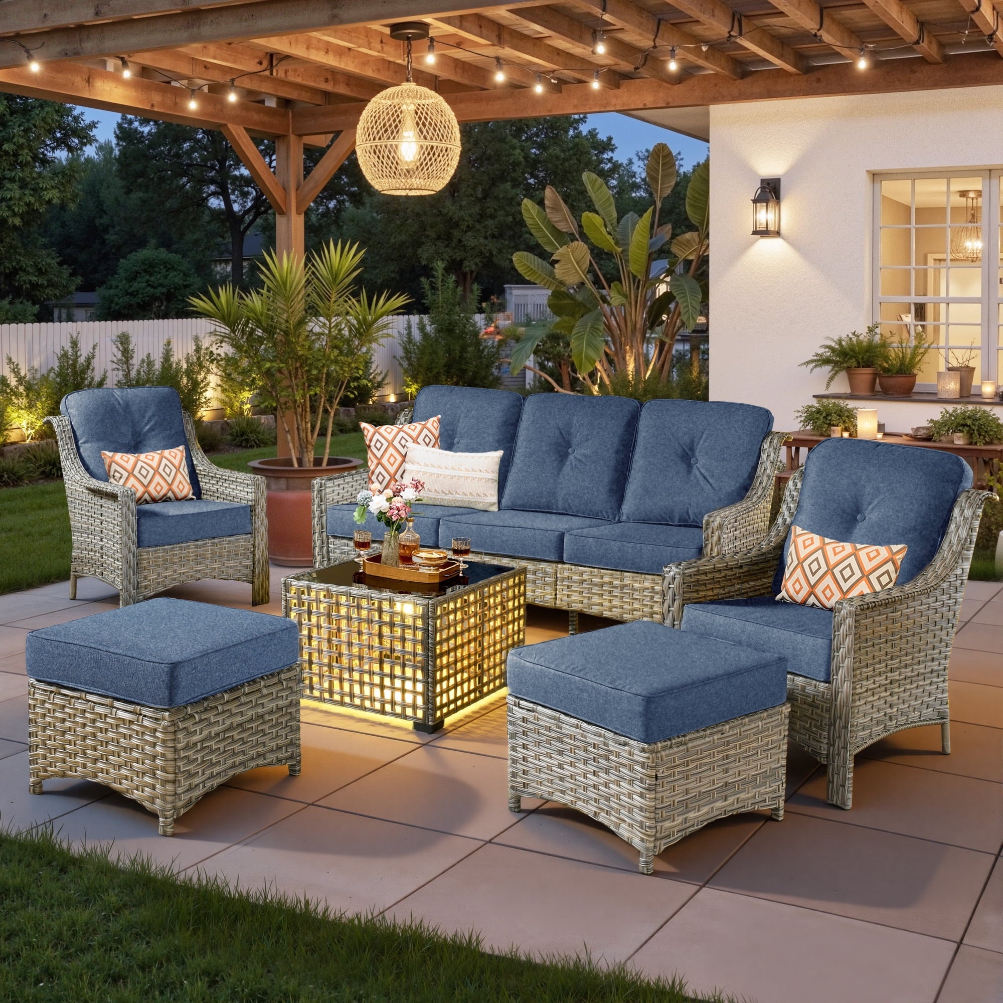Ovios 6 Pieces Outdoor Furniture Set High Back All-Weather Wicker Patio Conversation Set with Ottomans & Solar Light Coffee Table, Denim Blue