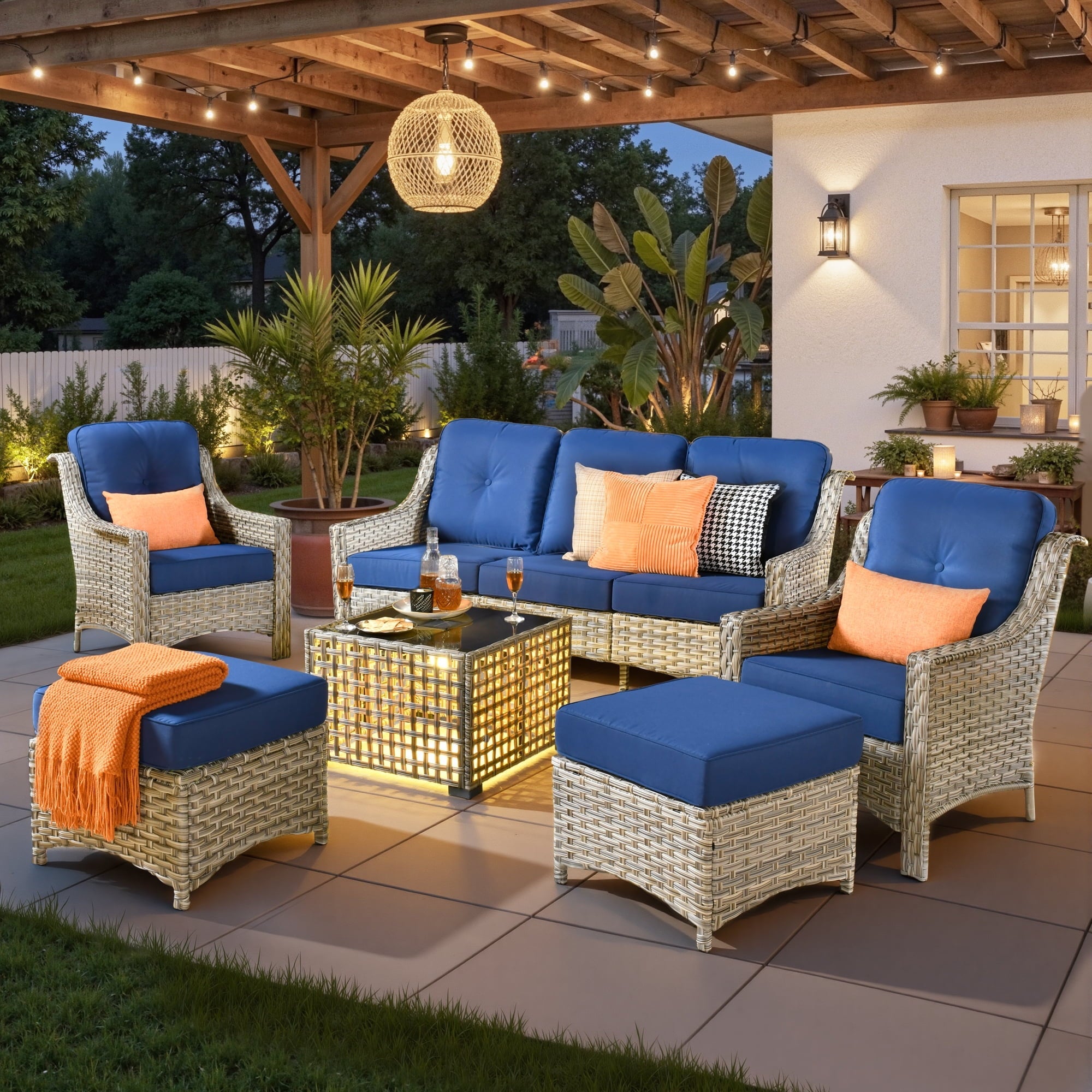 Ovios 6 Pieces Outdoor Furniture Set High Back All-Weather Wicker Patio Conversation Set with Ottomans & Solar Light Coffee Table, Navy Blue