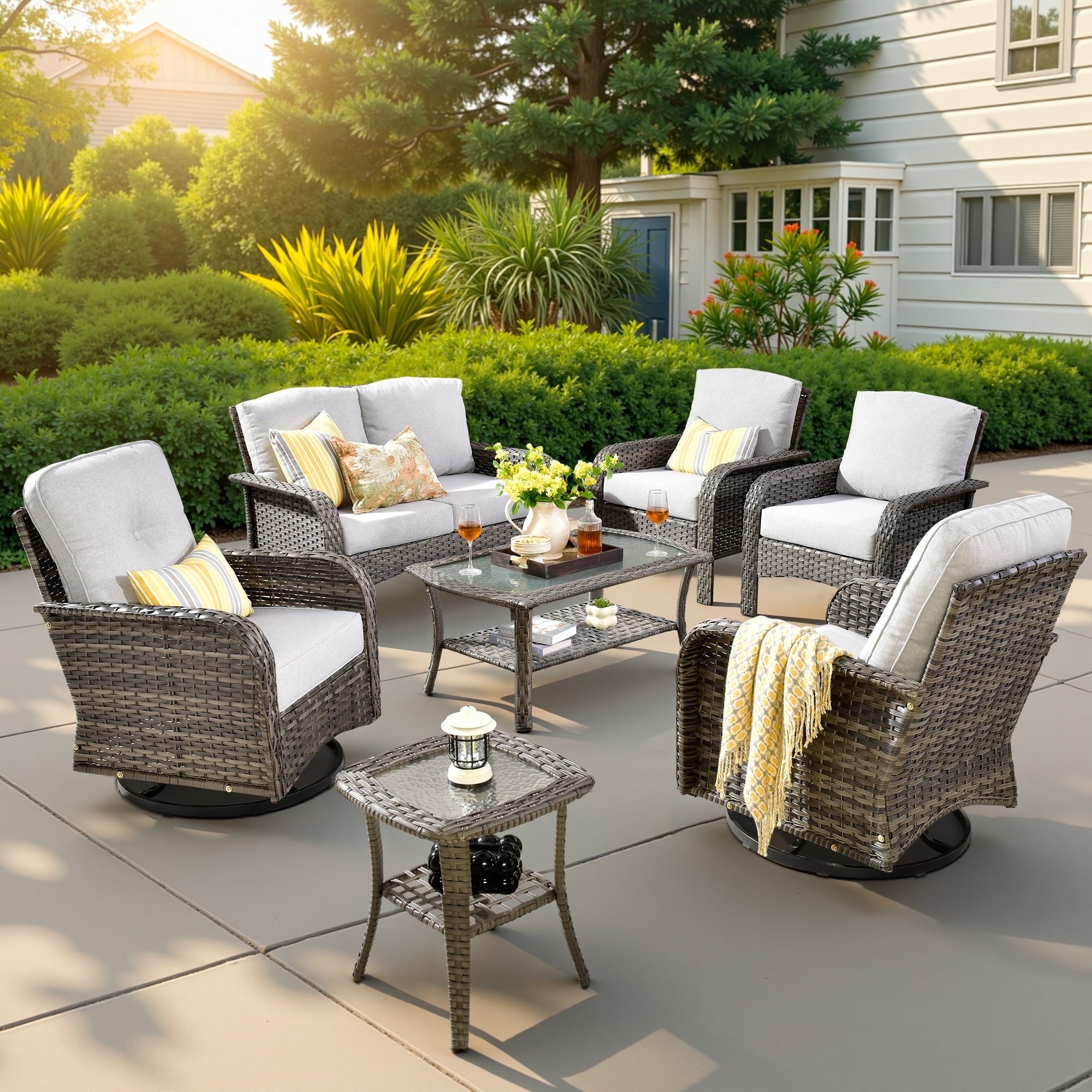 Outdoor Patio Furniture Set High Back All Weather Wicker Conversation Set with Swivel Chairs