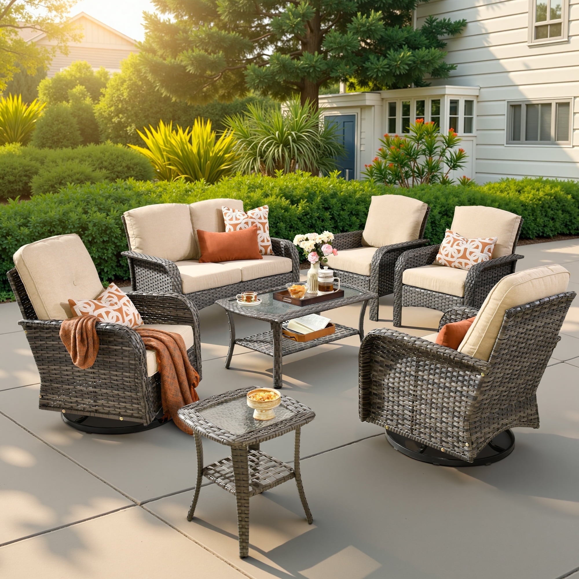 Outdoor Patio Furniture Set High Back All Weather Wicker Conversation Set with Swivel Chairs