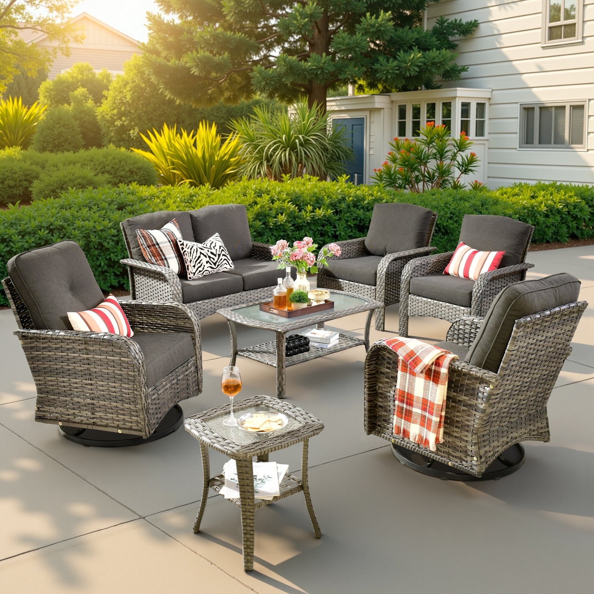 Outdoor Patio Furniture Set High Back All Weather Wicker Conversation Set with Swivel Chairs