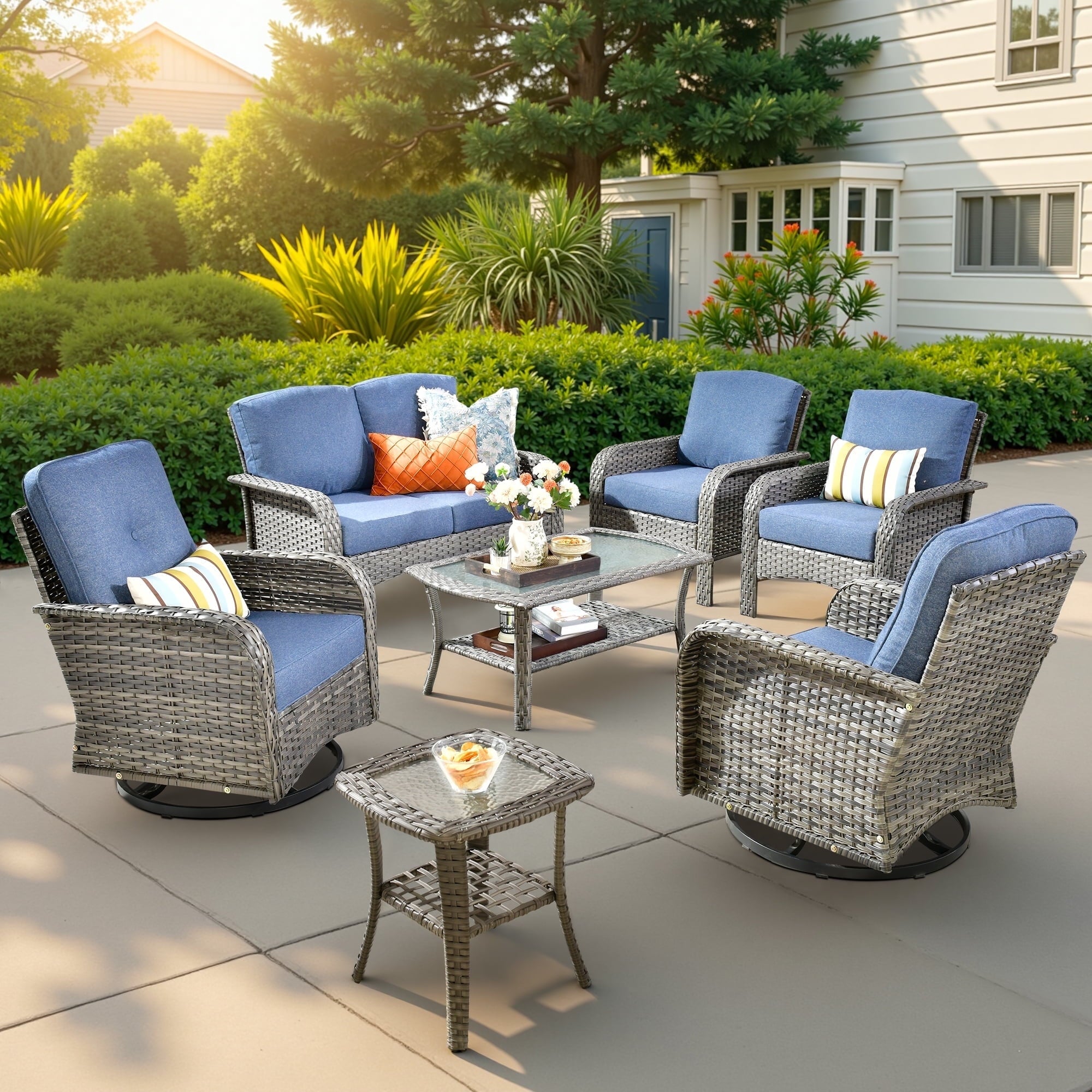 Outdoor Patio Furniture Set High Back All Weather Wicker Conversation Set with Swivel Chairs