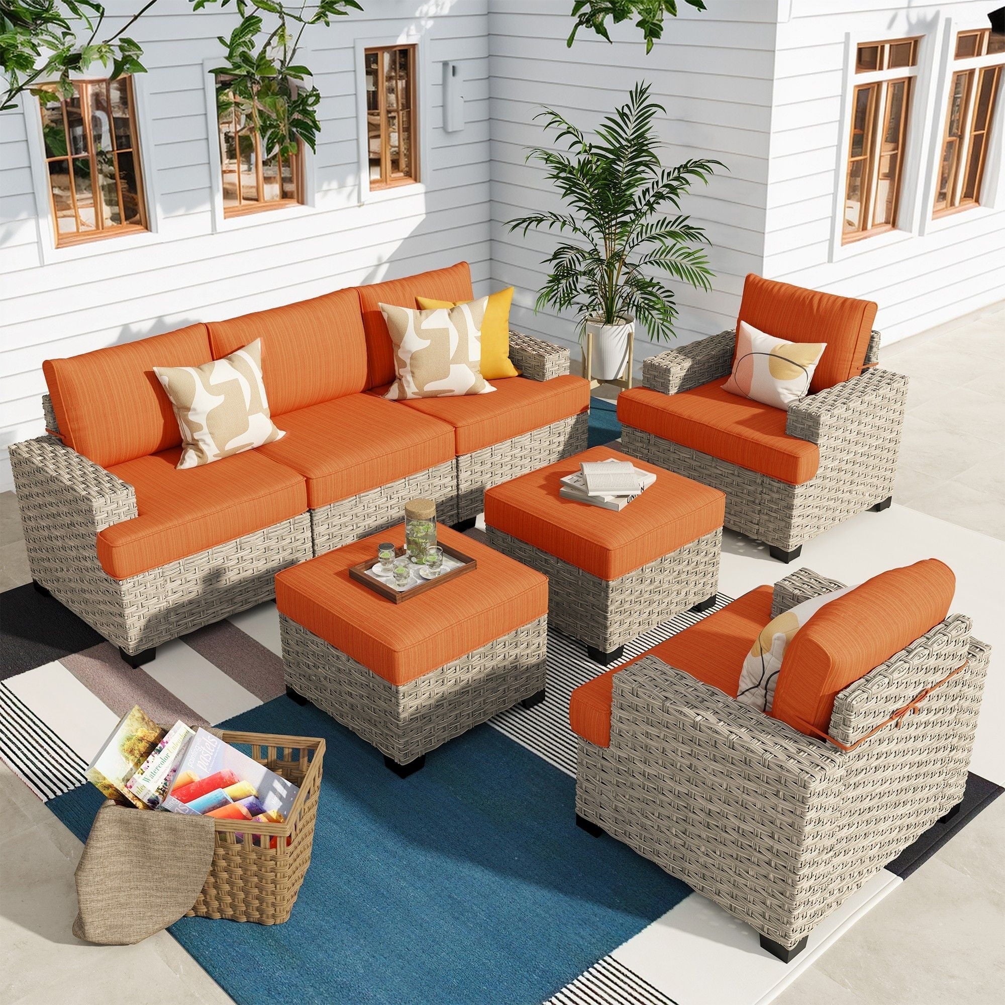 Ovios 7 Pieces Outdoor Patio Sectional Furniture All-Weather Rattan Wicker Conversation Patio Sofa Outdoor Chairs for Backyard Balcony