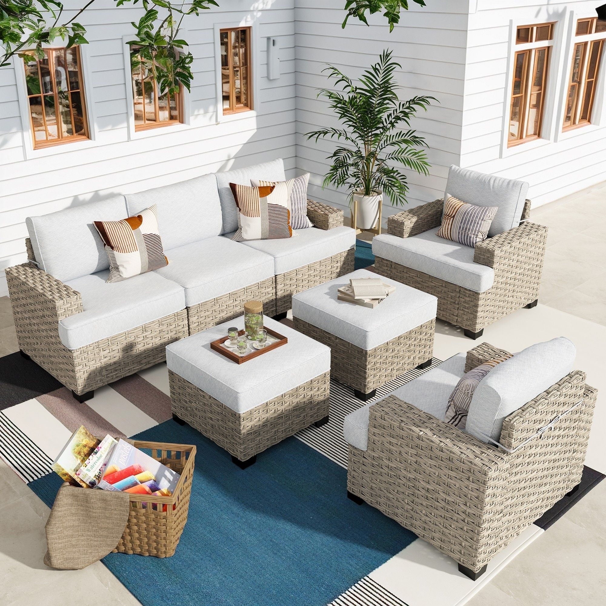 Ovios 7 Pieces Outdoor Patio Sectional Furniture All-Weather Rattan Wicker Conversation Patio Sofa Outdoor Chairs for Backyard Balcony