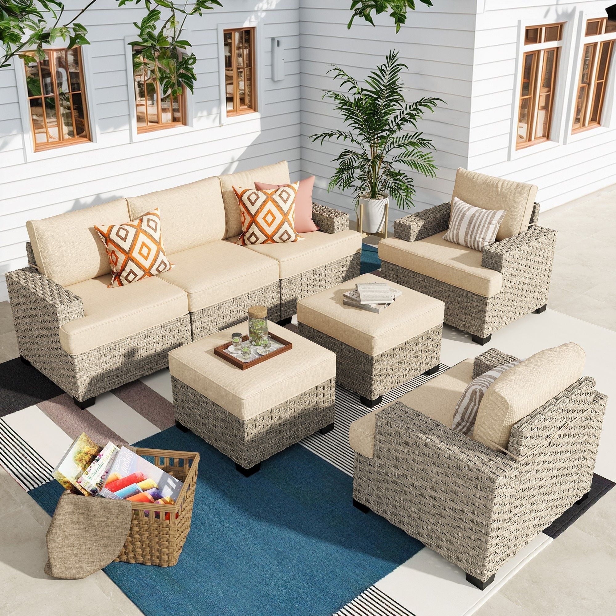 Ovios 7 Pieces Outdoor Patio Sectional Furniture All-Weather Rattan Wicker Conversation Patio Sofa Outdoor Chairs for Backyard Balcony