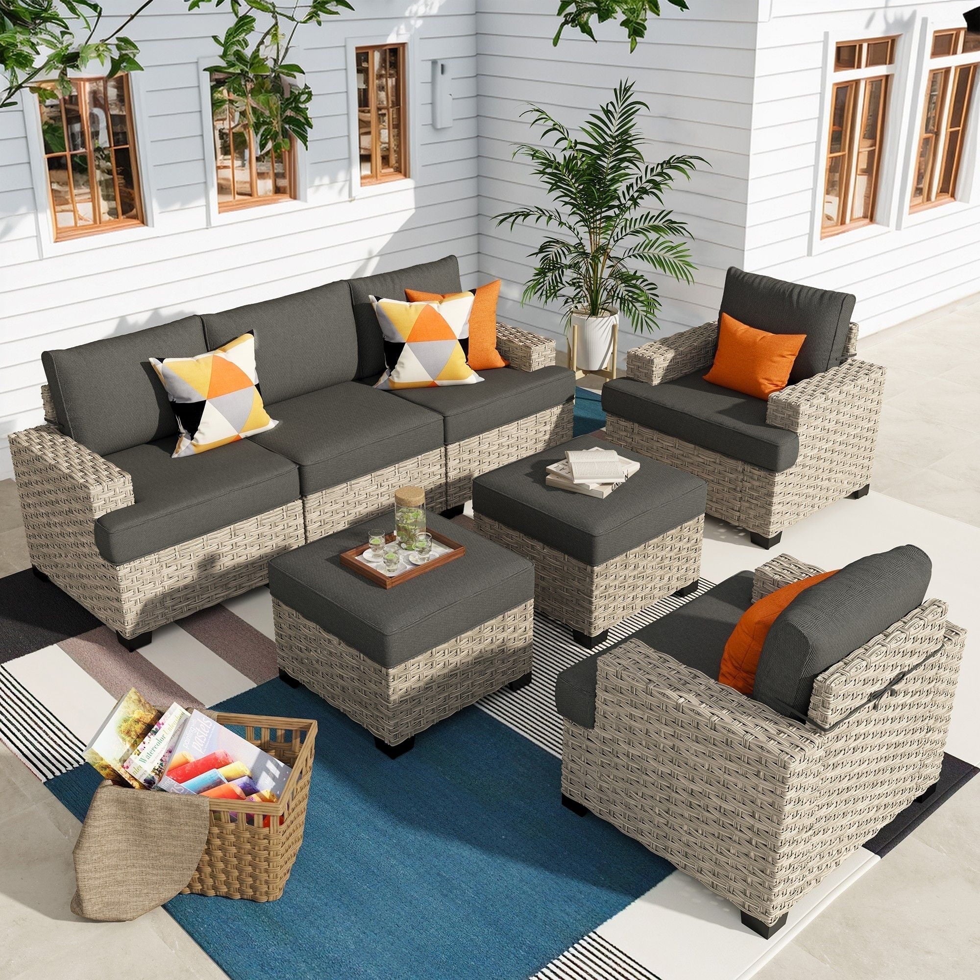 Ovios 7 Pieces Outdoor Patio Sectional Furniture All-Weather Rattan Wicker Conversation Patio Sofa Outdoor Chairs for Backyard Balcony