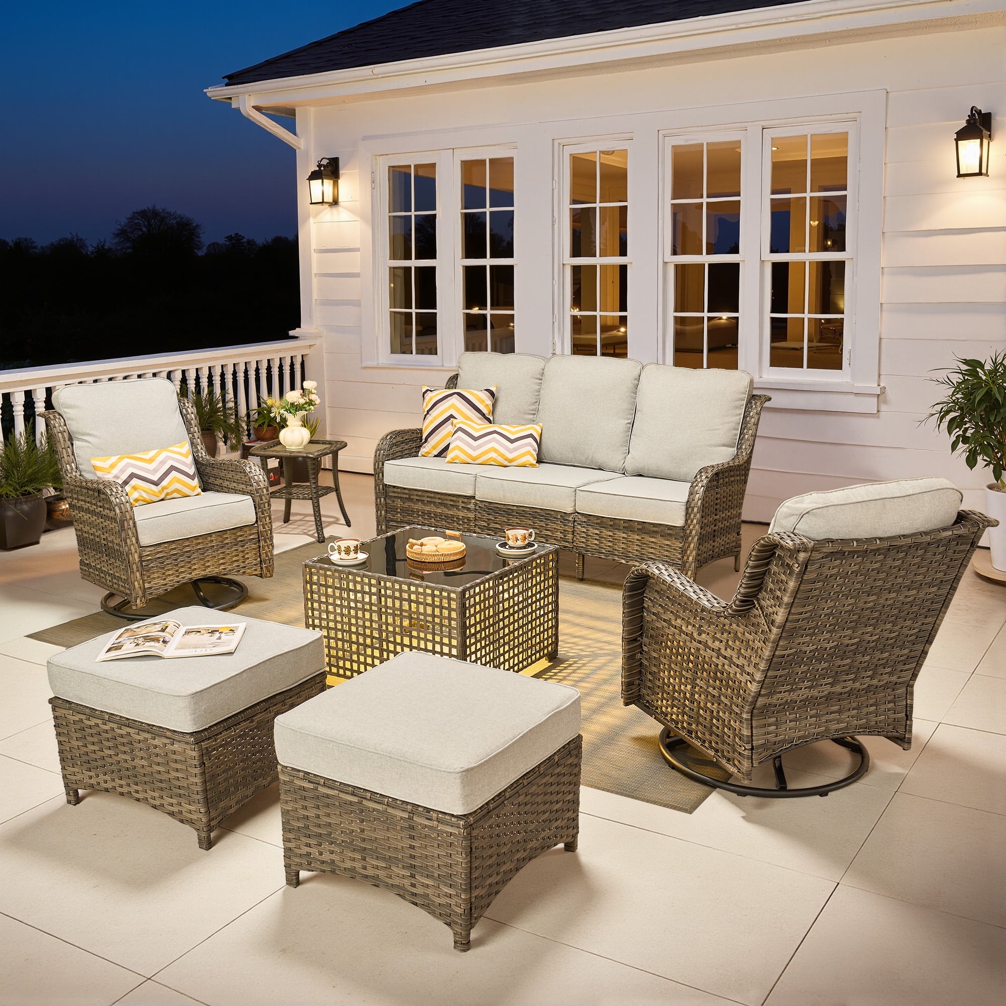 Ovios 5 Pieces Patio Furniture Set High Back All-Weather Wicker Sectional Outdoor Conversation Set with Swivel Chairs & Solar-Powered Coffee Table for Deck, Backyard, or Garden, Denim blue