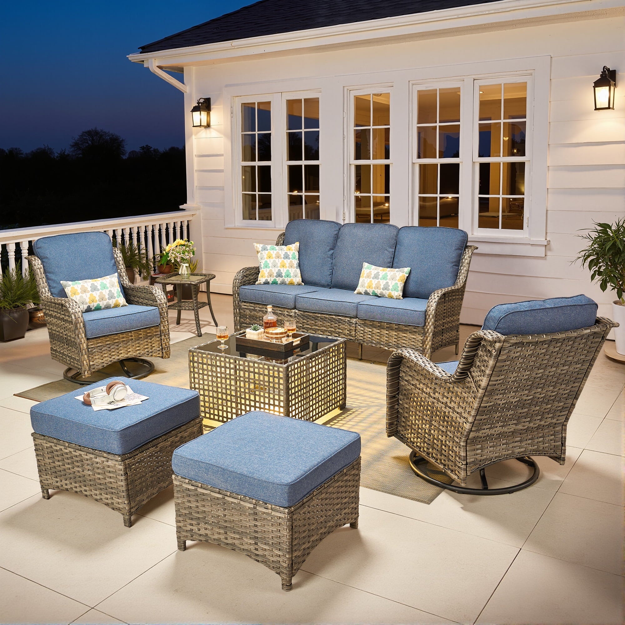 Ovios 5 Pieces Patio Furniture Set High Back All-Weather Wicker Sectional Outdoor Conversation Set with Swivel Chairs & Solar-Powered Coffee Table for Deck, Backyard, or Garden, Denim blue