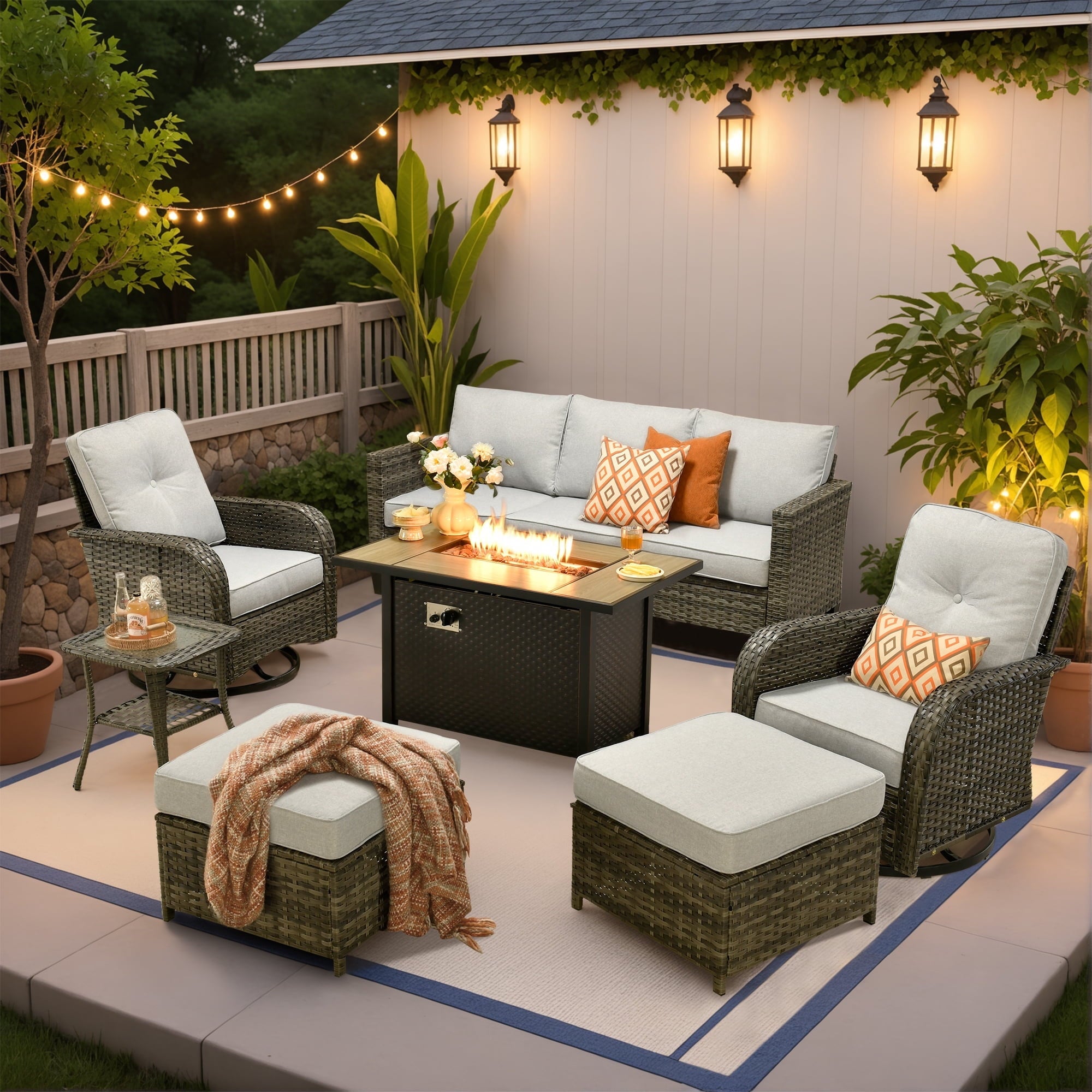 Ovios 7 Pieces Patio Furniture Set Outdoor Conversation All-Weather Rattan Sectional Sofa with Fire Pit Table & Swivel Chairs