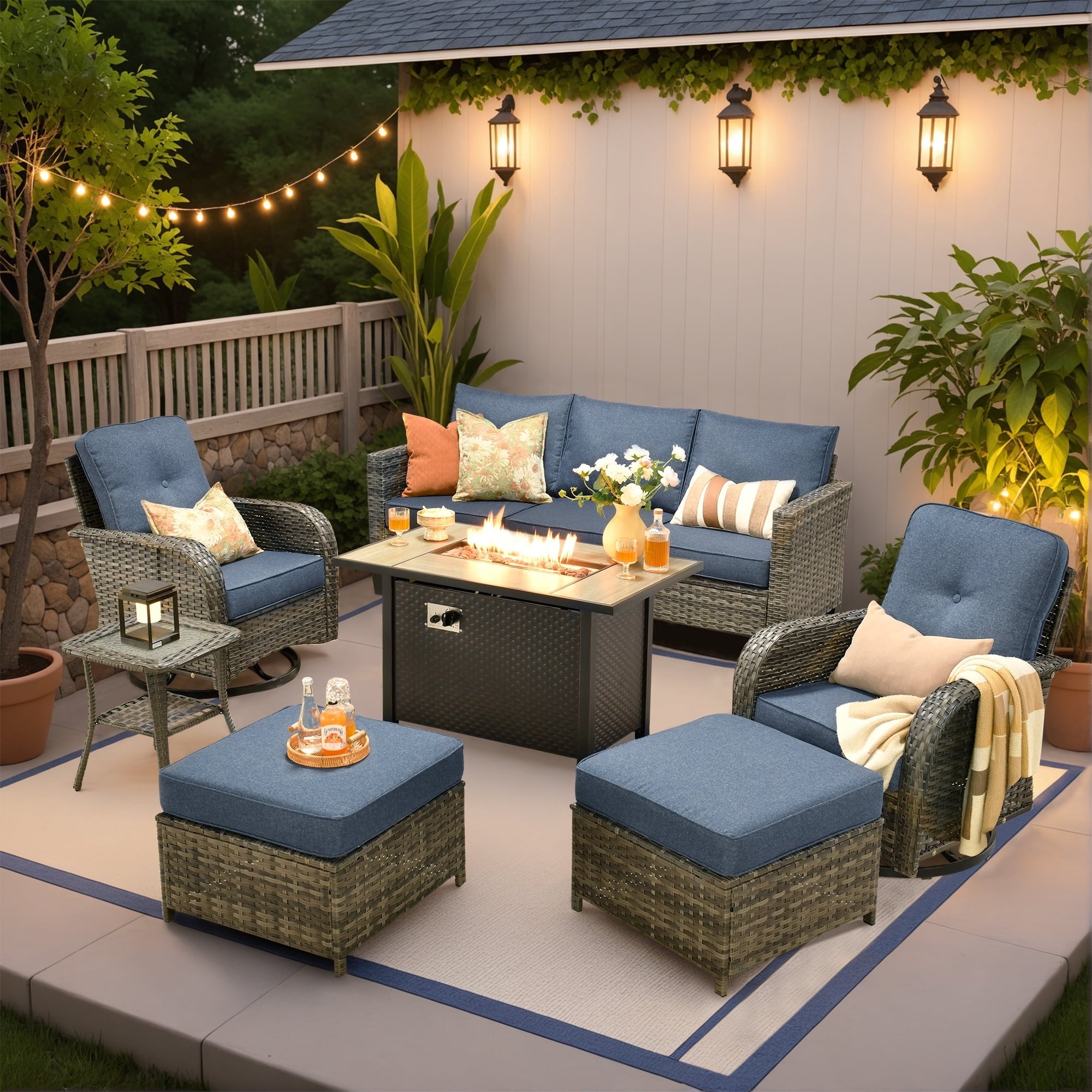 Ovios 7 Pieces Patio Furniture Set Outdoor Conversation All-Weather Rattan Sectional Sofa with Fire Pit Table & Swivel Chairs