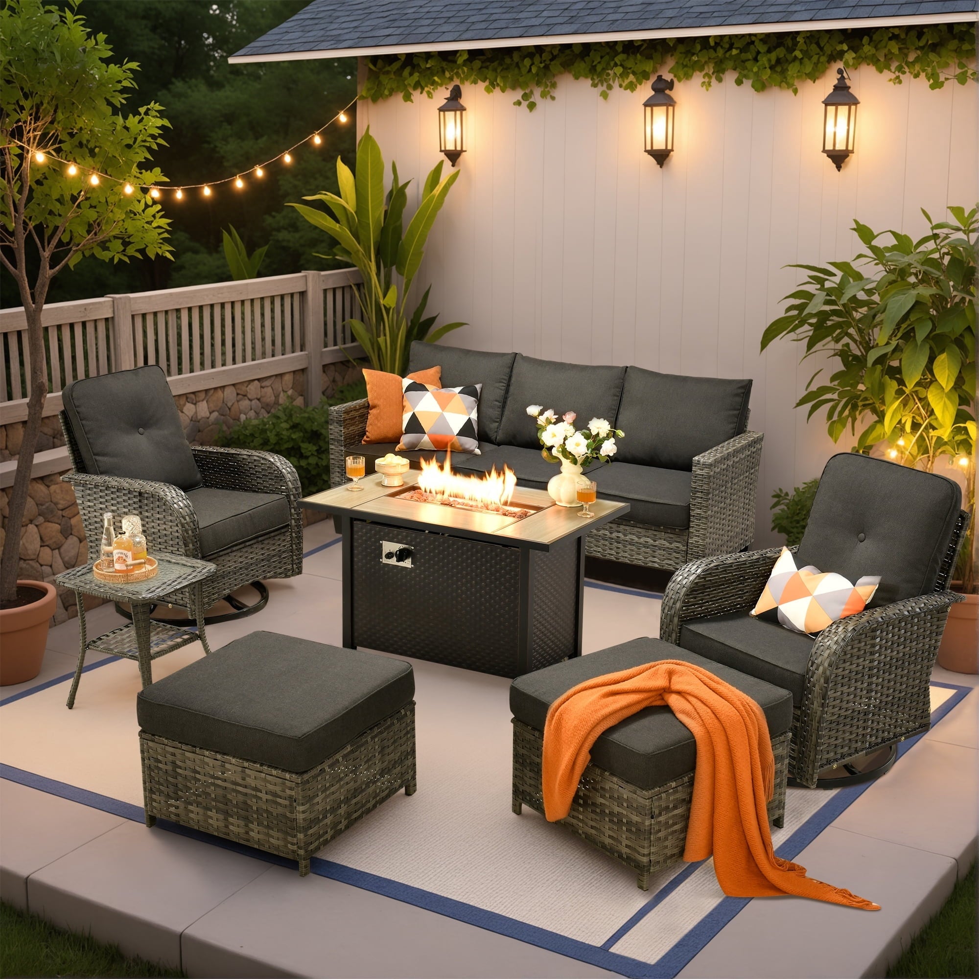 Ovios 7 Pieces Patio Furniture Set Outdoor Conversation All-Weather Rattan Sectional Sofa with Fire Pit Table & Swivel Chairs
