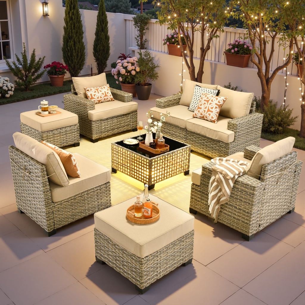 Ovios 8-Piece Outdoor Patio Furniture Set with Solar-Powered Lighted Coffee Table All-Weather Wicker Conversation Seating with Ottomans, Black