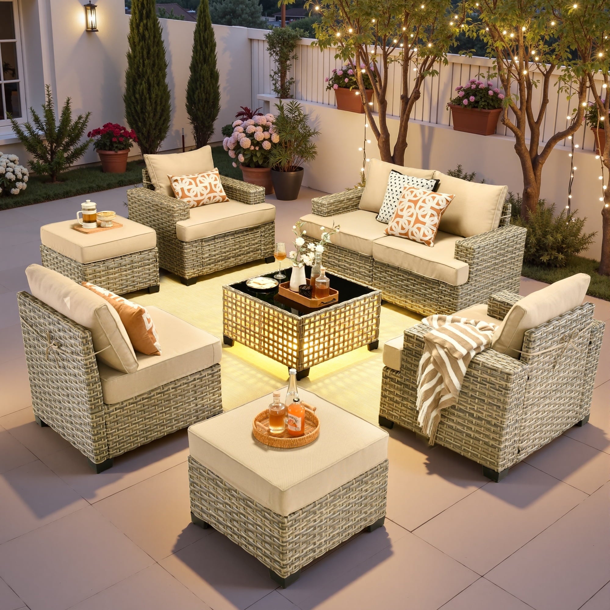 Ovios 8-Piece Outdoor Patio Furniture Set with Solar-Powered Lighted Coffee Table All-Weather Wicker Conversation Seating with Ottomans, Black
