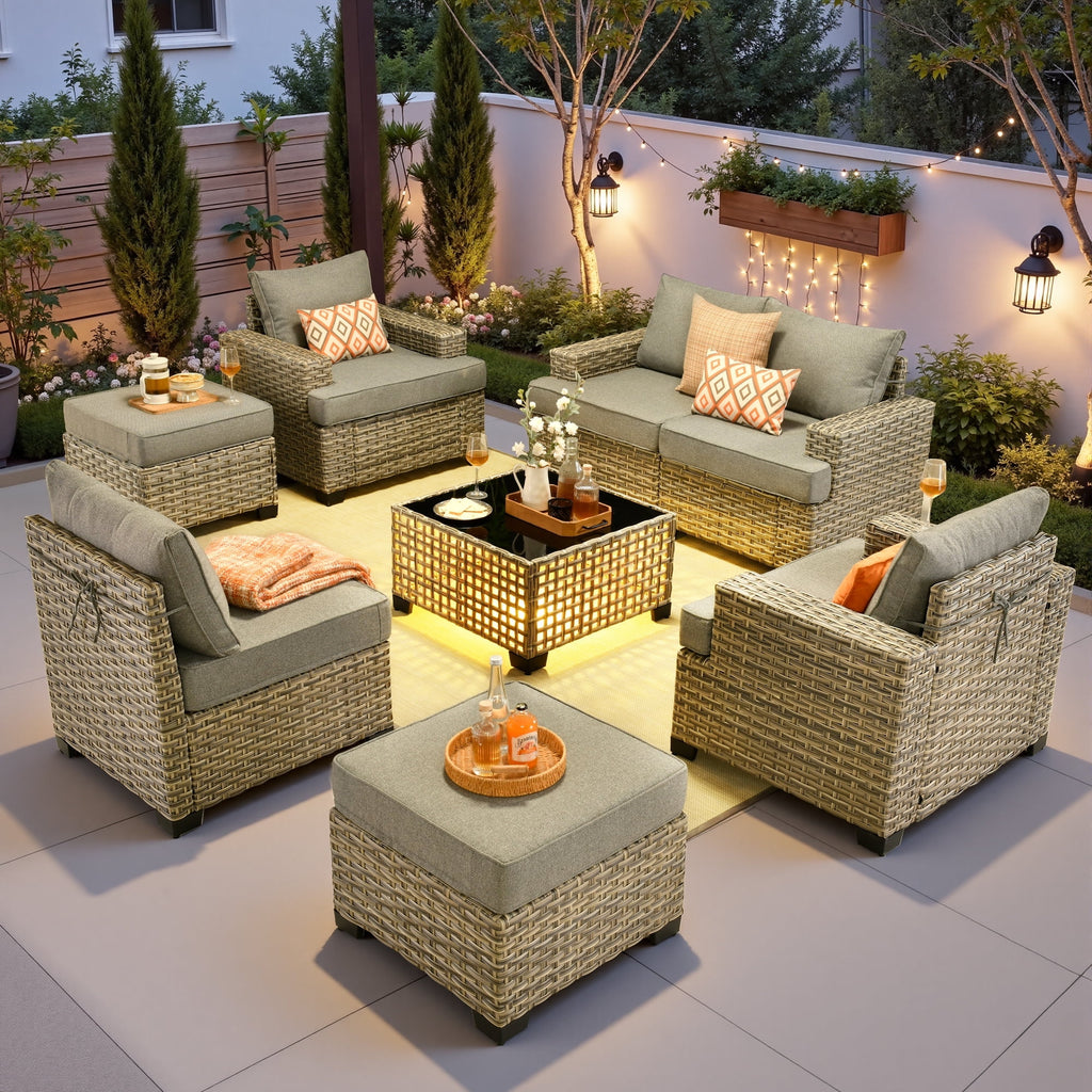Ovios 8-Piece Outdoor Patio Furniture Set with Solar-Powered Lighted Coffee Table All-Weather Wicker Conversation Seating with Ottomans, Black