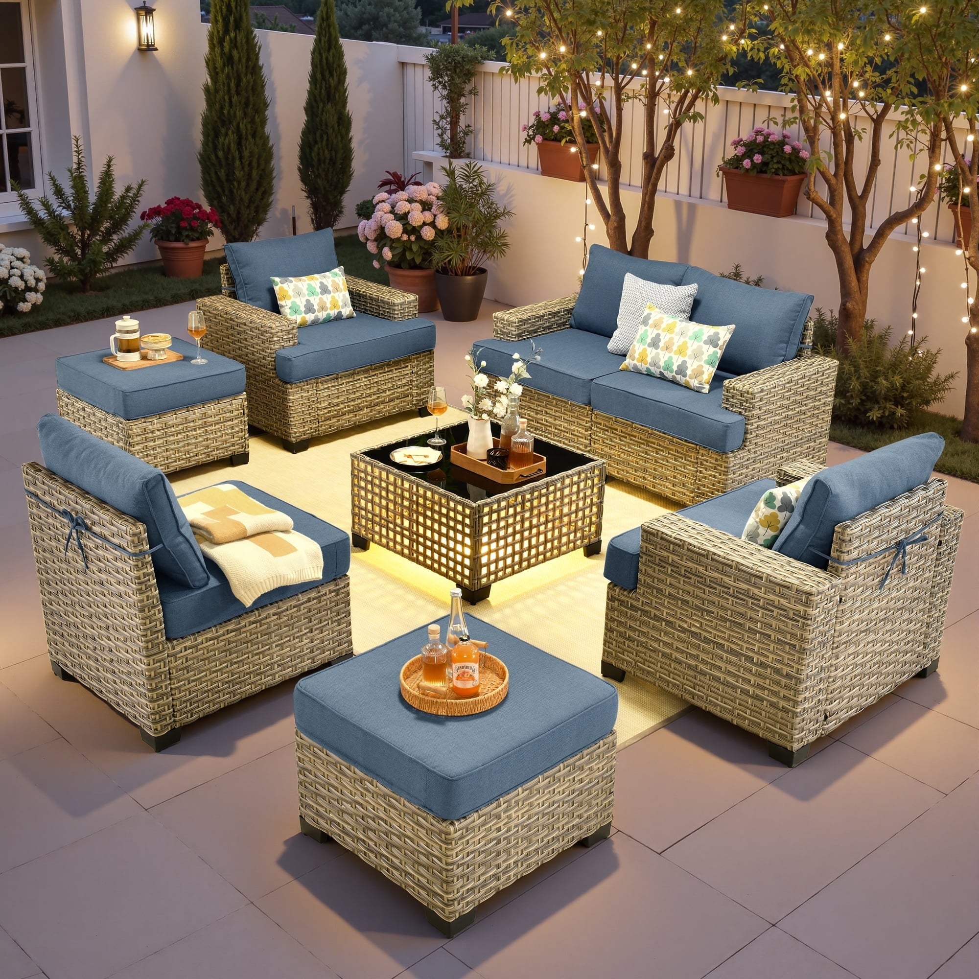 Ovios 8-Piece Outdoor Patio Furniture Set with Solar-Powered Lighted Coffee Table All-Weather Wicker Conversation Seating with Ottomans, Black