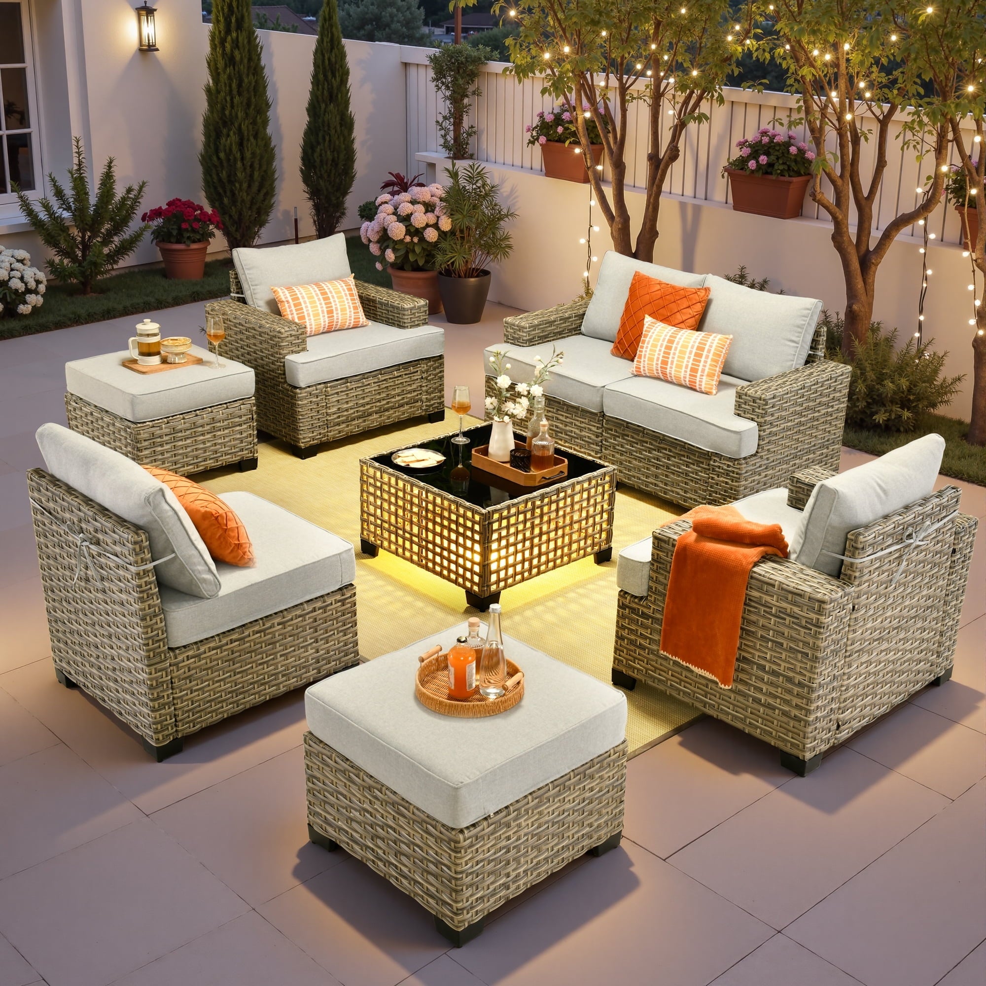Ovios 8-Piece Outdoor Patio Furniture Set with Solar-Powered Lighted Coffee Table All-Weather Wicker Conversation Seating with Ottomans, Black