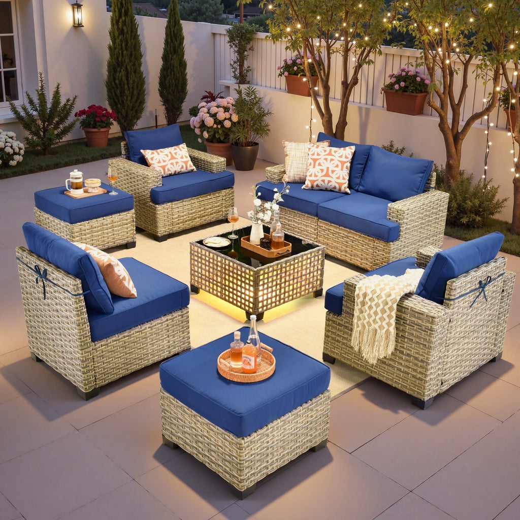 Ovios 8-Piece Outdoor Patio Furniture Set with Solar-Powered Lighted Coffee Table All-Weather Wicker Conversation Seating with Ottomans, Black