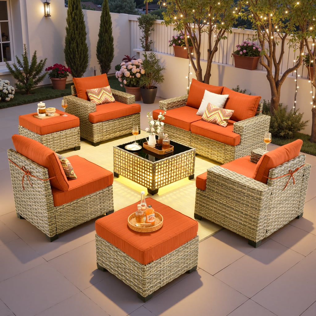 Ovios 8-Piece Outdoor Patio Furniture Set with Solar-Powered Lighted Coffee Table All-Weather Wicker Conversation Seating with Ottomans, Black