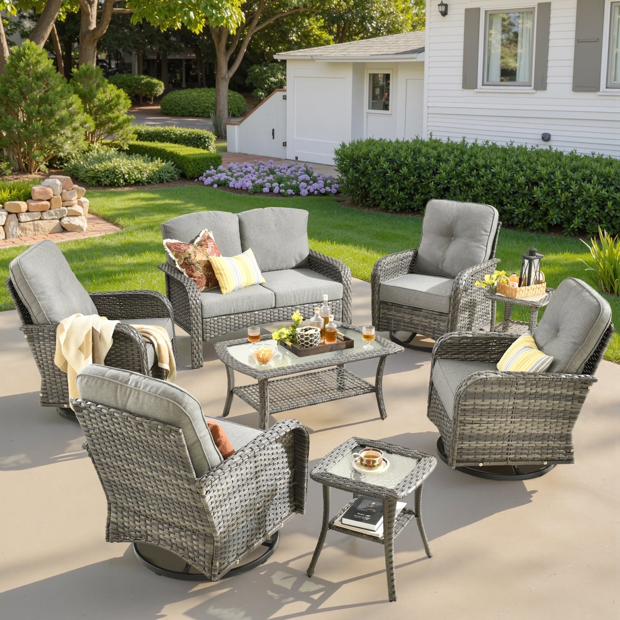 Outdoor Patio Furniture Set High Back All Weather Wicker Conversation Set with Swivel Chairs