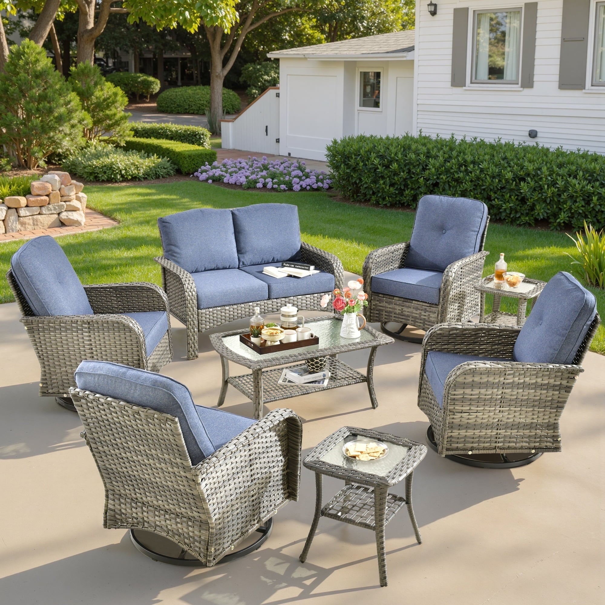 Outdoor Patio Furniture Set High Back All Weather Wicker Conversation Set with Swivel Chairs