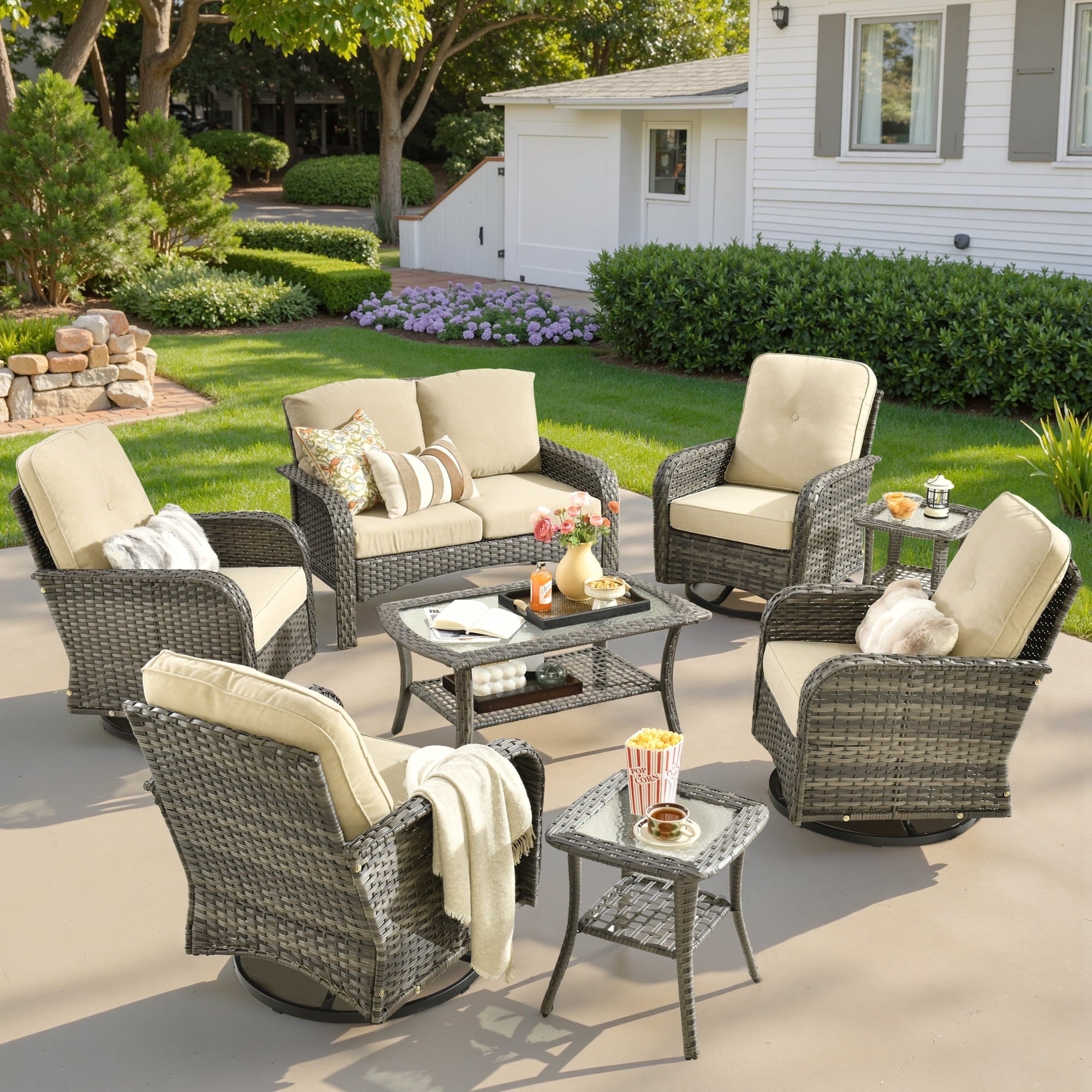 Outdoor Patio Furniture Set High Back All Weather Wicker Conversation Set with Swivel Chairs