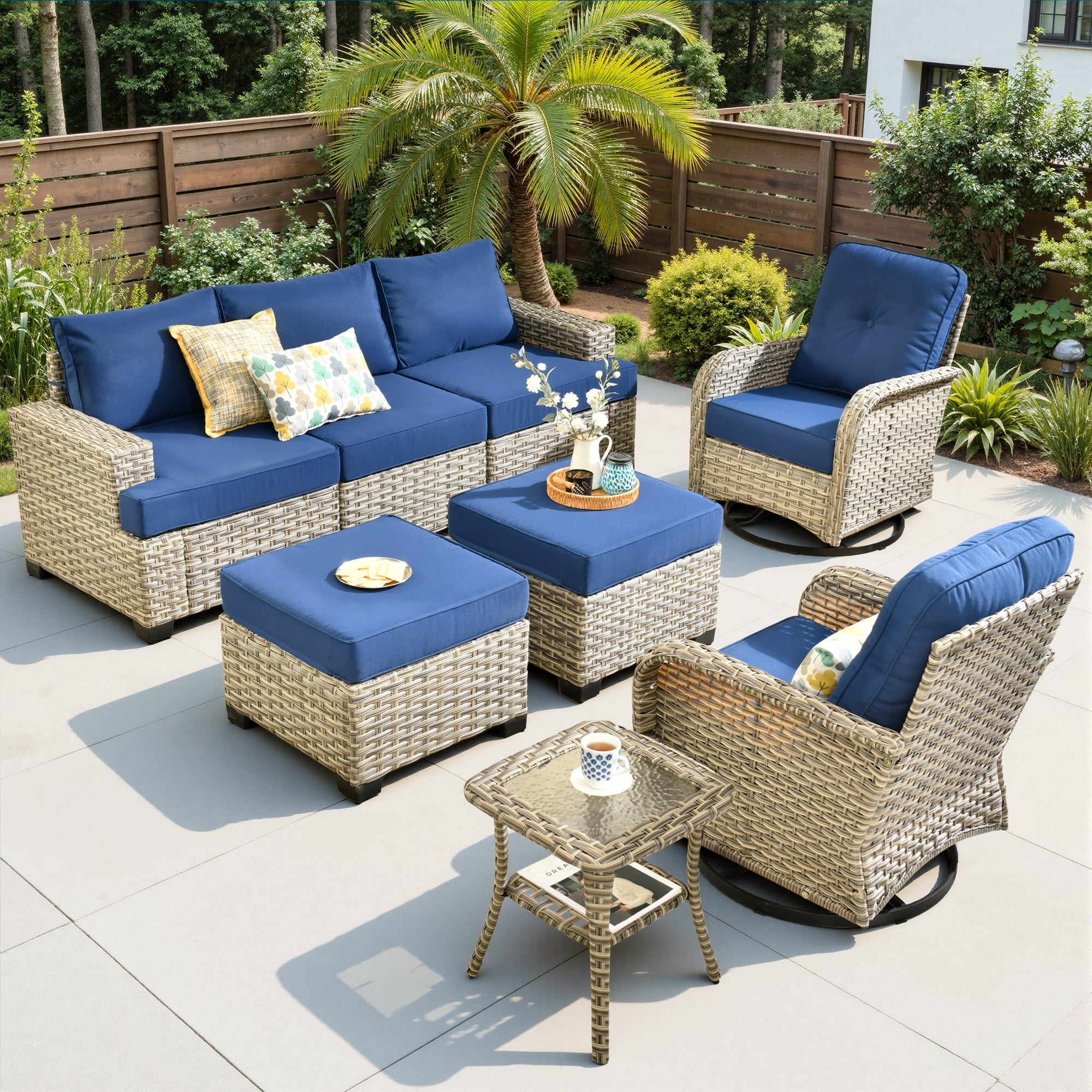 Ovios 8 Pieces Outdoor Patio Sectional Furniture All-Weather Rattan Wicker Conversation with Swivel Glider Rocking Chair Patio Sofa Outdoor Chairs for Backyard Balcony
