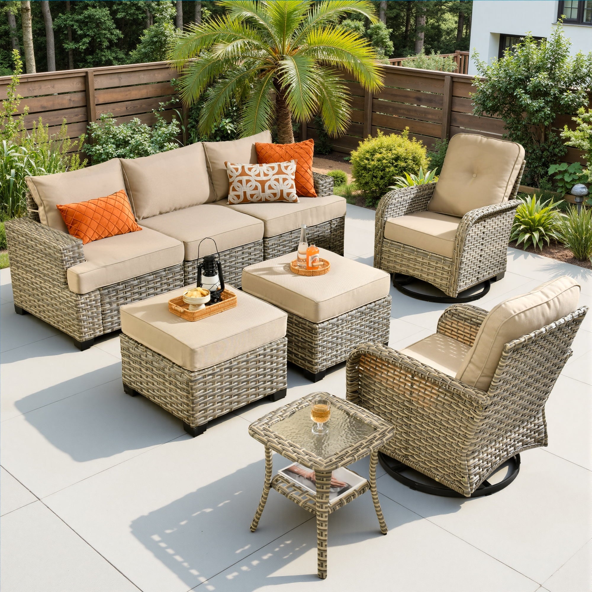 Ovios 8 Pieces Outdoor Patio Sectional Furniture All-Weather Rattan Wicker Conversation with Swivel Glider Rocking Chair Patio Sofa Outdoor Chairs for Backyard Balcony