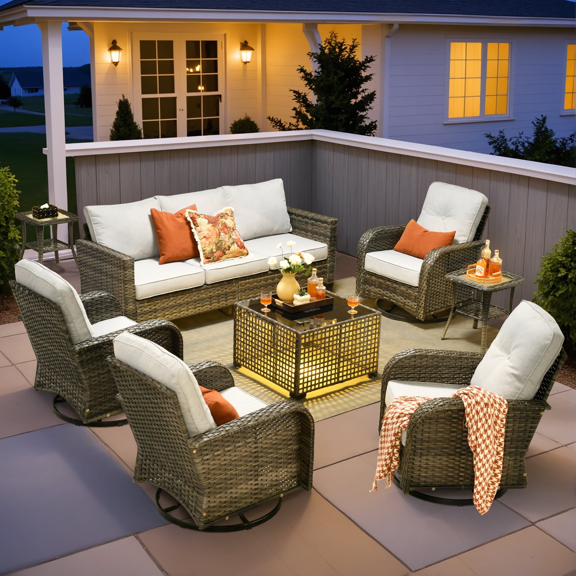 Ovios 5 Pieces Patio Furniture Set Outdoor Conversation All-Weather Rattan Sectional Sofa with Swivel Chairs & Solar Light Table