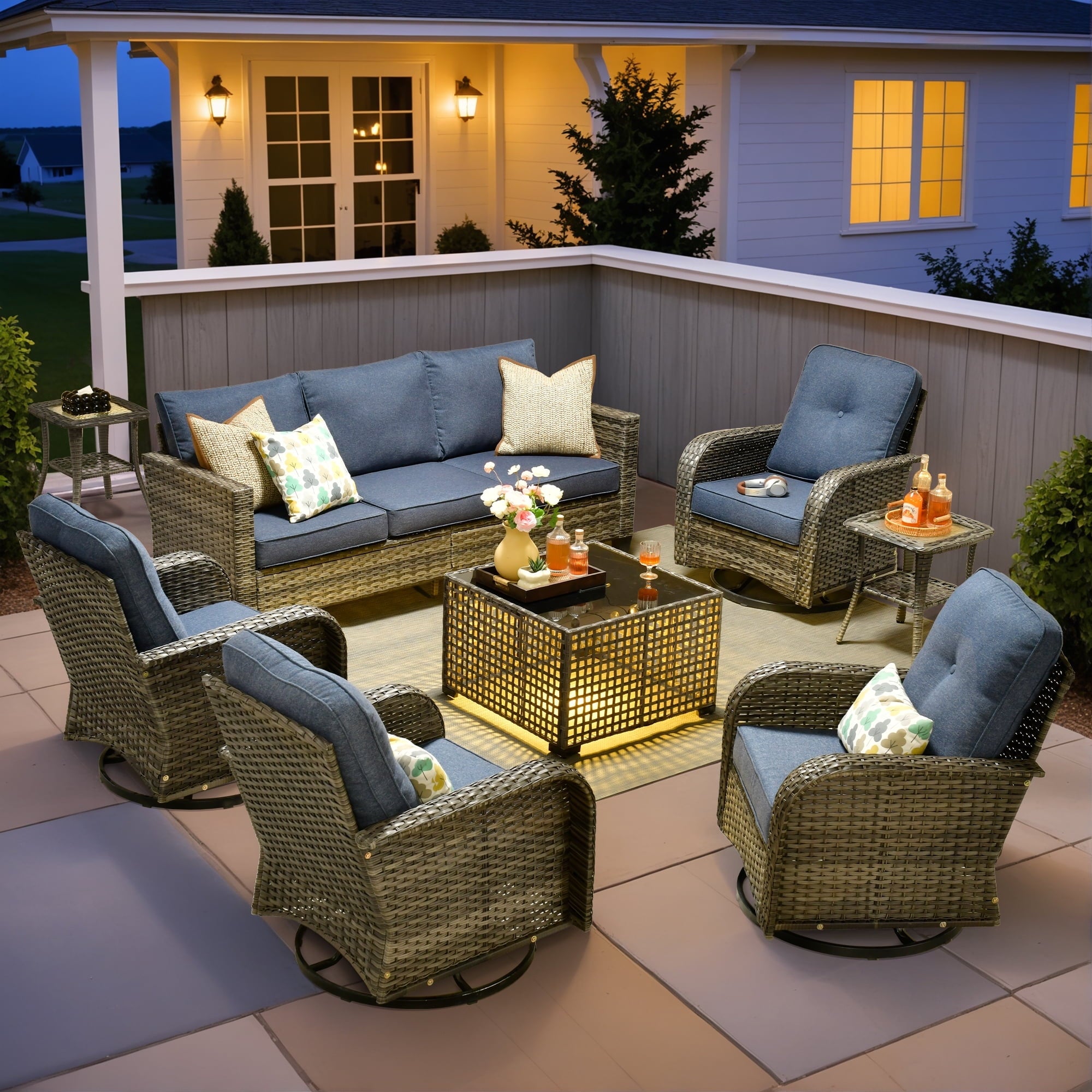 Ovios 5 Pieces Patio Furniture Set Outdoor Conversation All-Weather Rattan Sectional Sofa with Swivel Chairs & Solar Light Table