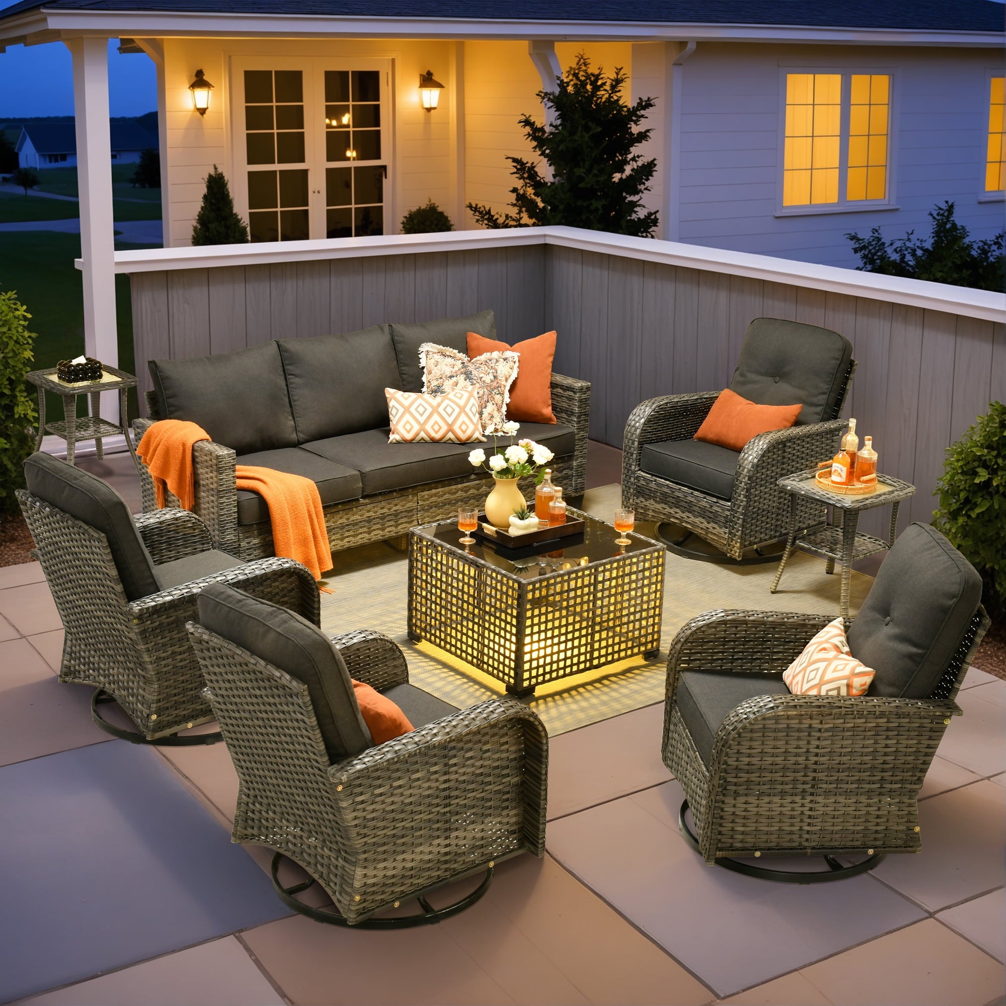 Ovios 5 Pieces Patio Furniture Set Outdoor Conversation All-Weather Rattan Sectional Sofa with Swivel Chairs & Solar Light Table