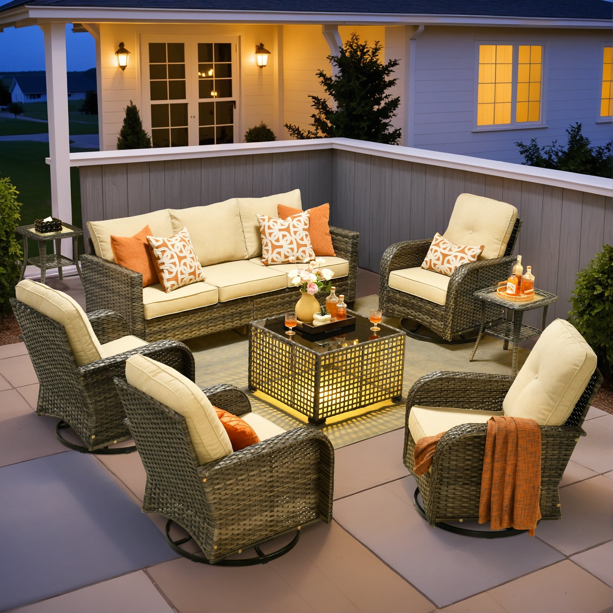 Ovios 5 Pieces Patio Furniture Set Outdoor Conversation All-Weather Rattan Sectional Sofa with Swivel Chairs & Solar Light Table