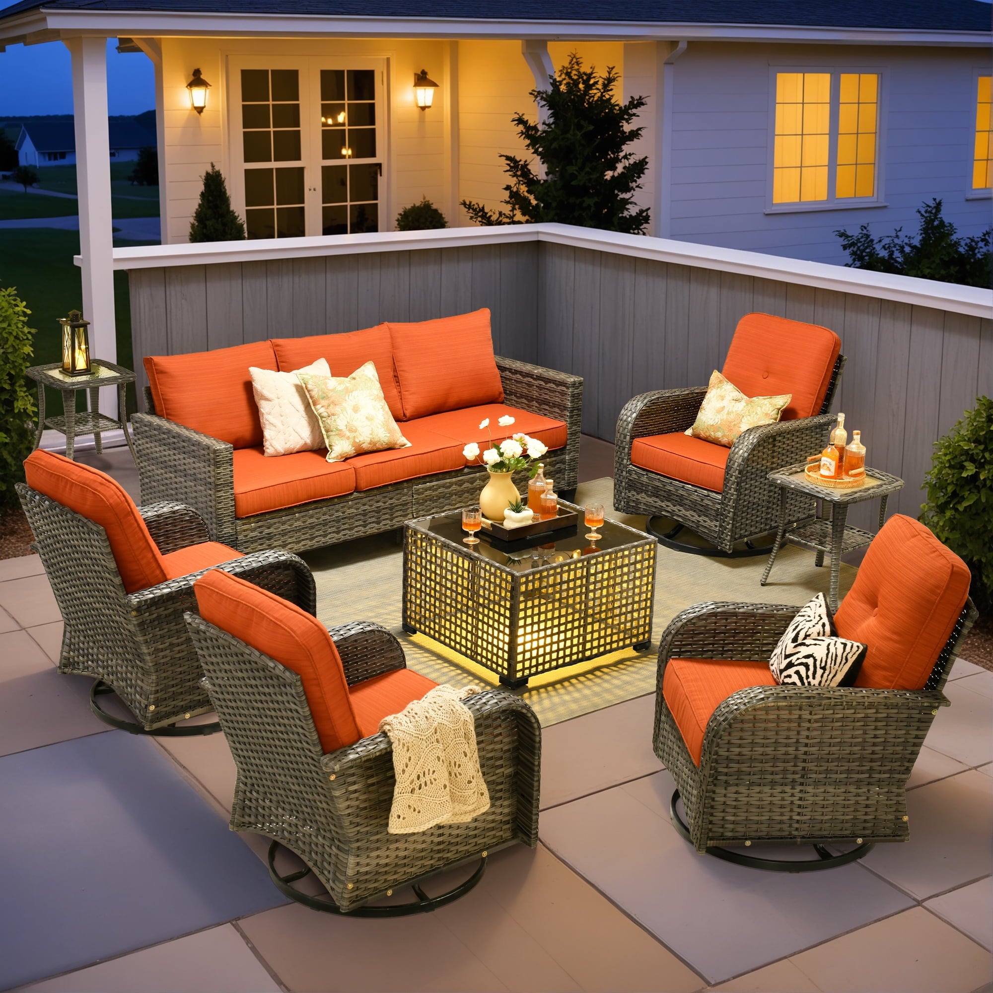 Ovios 5 Pieces Patio Furniture Set Outdoor Conversation All-Weather Rattan Sectional Sofa with Swivel Chairs & Solar Light Table