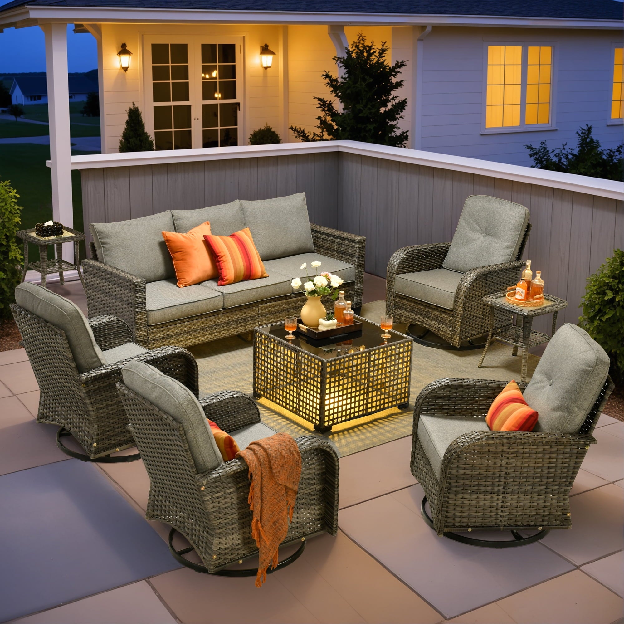 Ovios 5 Pieces Patio Furniture Set Outdoor Conversation All-Weather Rattan Sectional Sofa with Swivel Chairs & Solar Light Table
